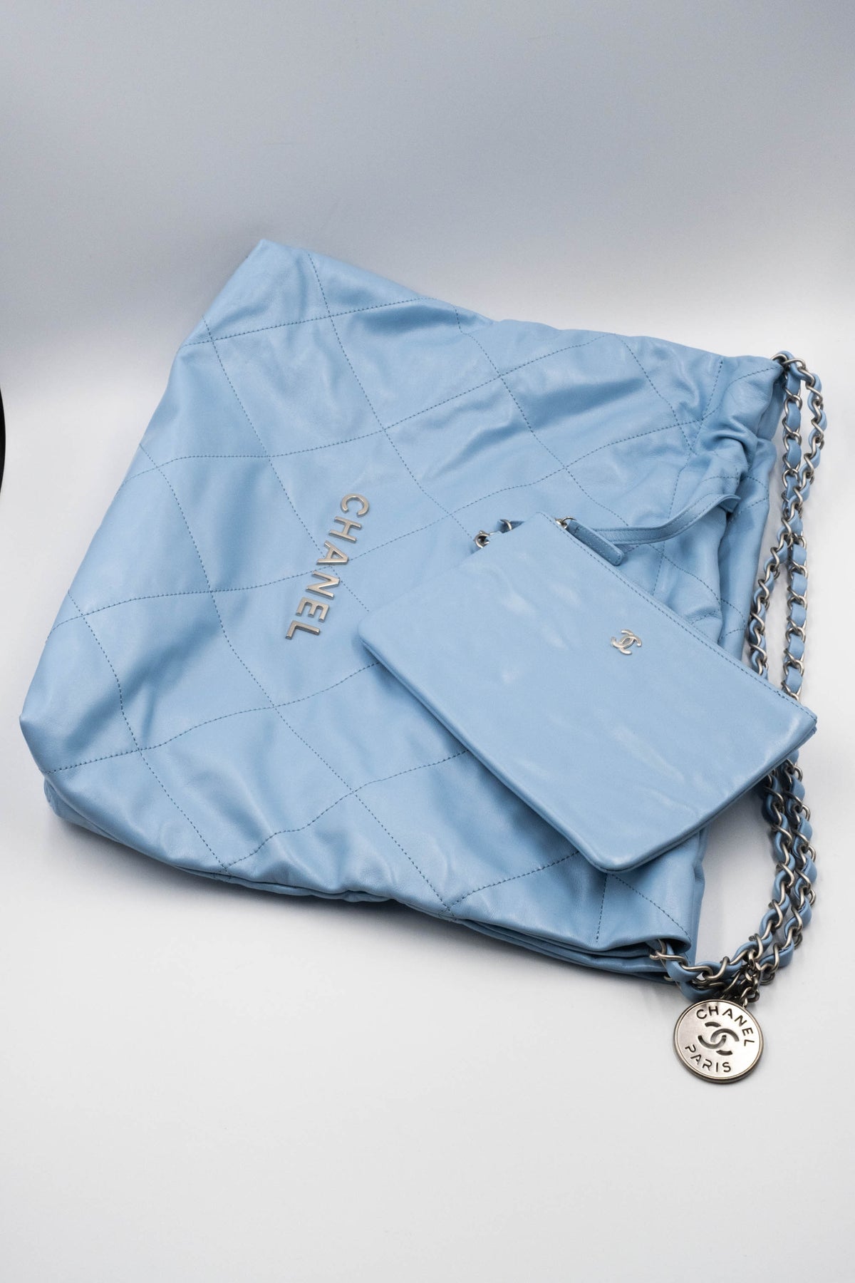Chanel Sky Blue Quilted 22 Hobo Tote Purse