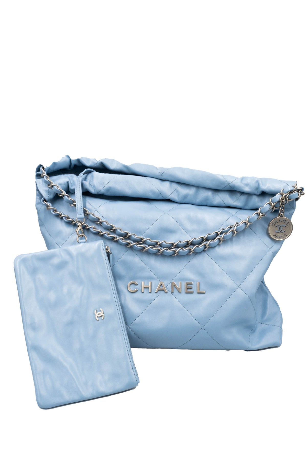 Chanel Sky Blue Quilted 22 Hobo Tote Purse