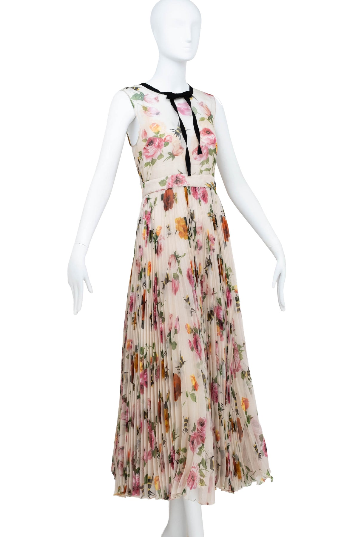 Gucci Cream Chiffon Floral Print Pleated Skirt Maxi Dress 2016 Size 42/6