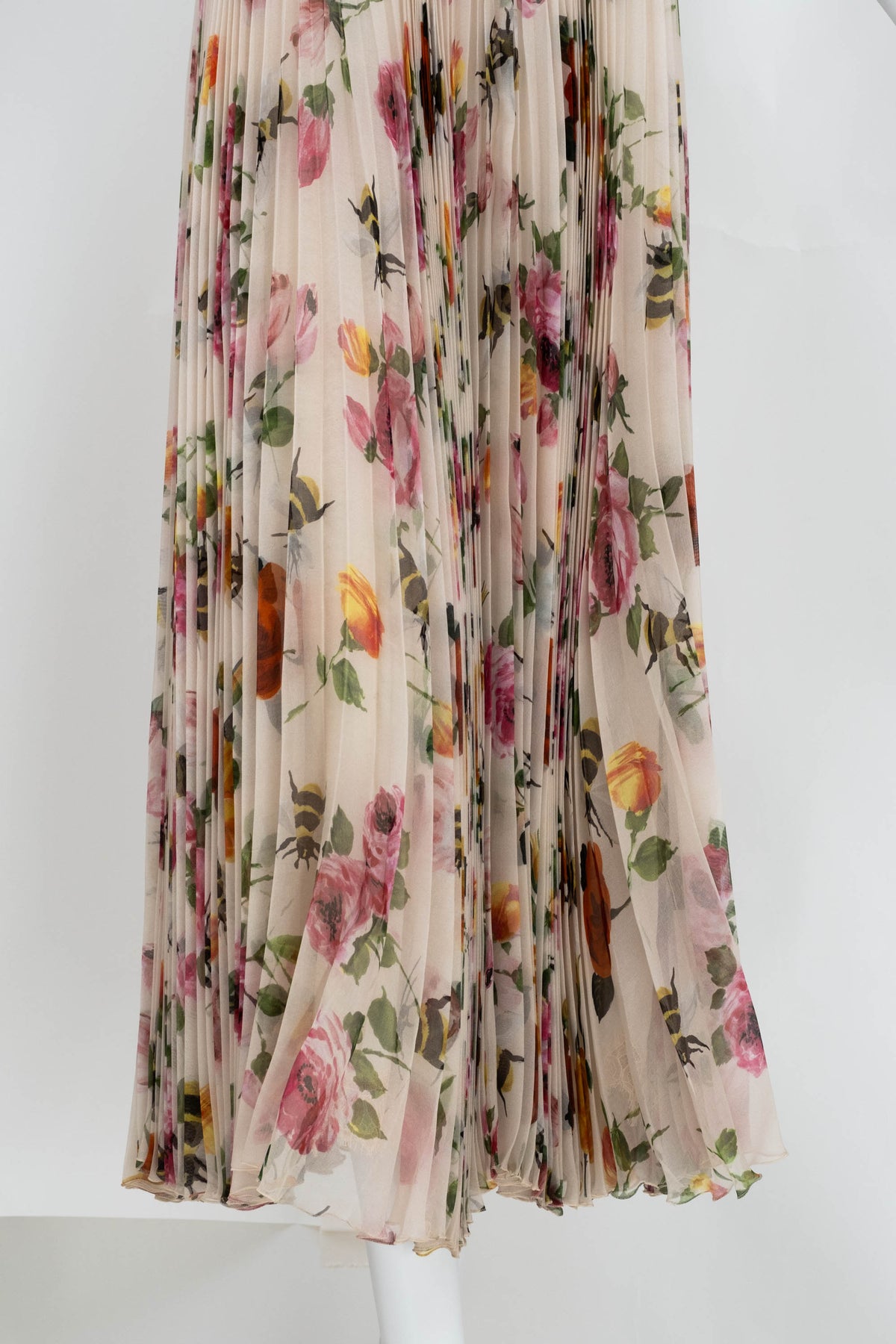 Gucci Cream Chiffon Floral Print Pleated Skirt Maxi Dress 2016 Size 42/6
