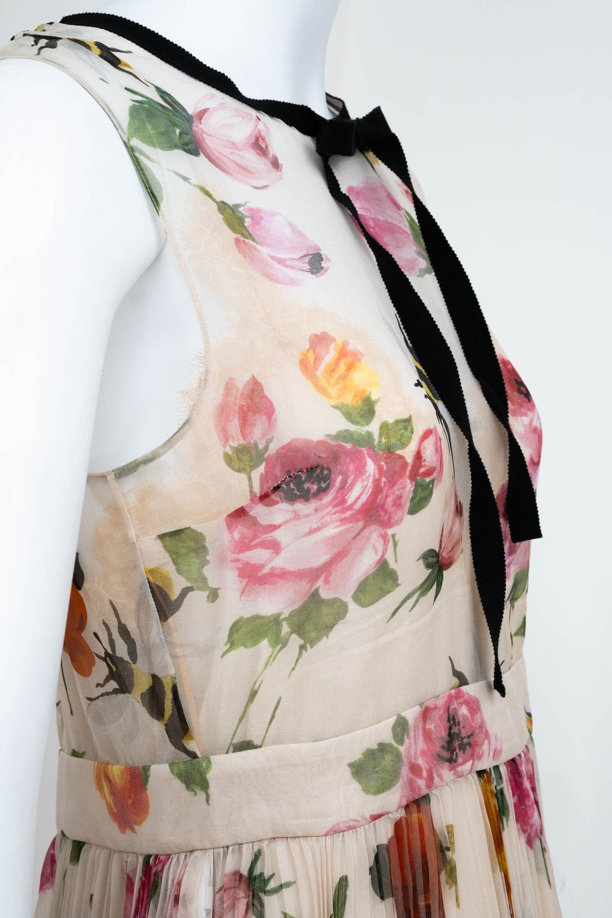 Gucci Cream Chiffon Floral Print Pleated Skirt Maxi Dress 2016 Size 42/6