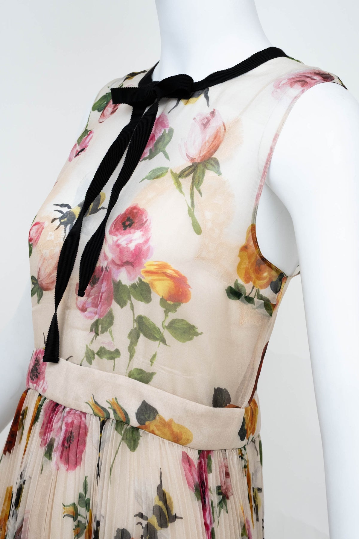 Gucci Cream Chiffon Floral Print Pleated Skirt Maxi Dress 2016 Size 42/6