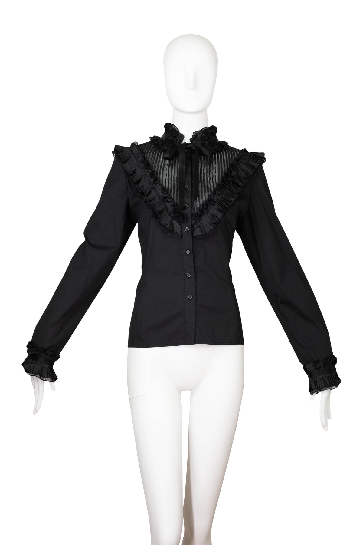Oscar de la Renta Black High Ruffle Neck Long Sleeve Blouse
