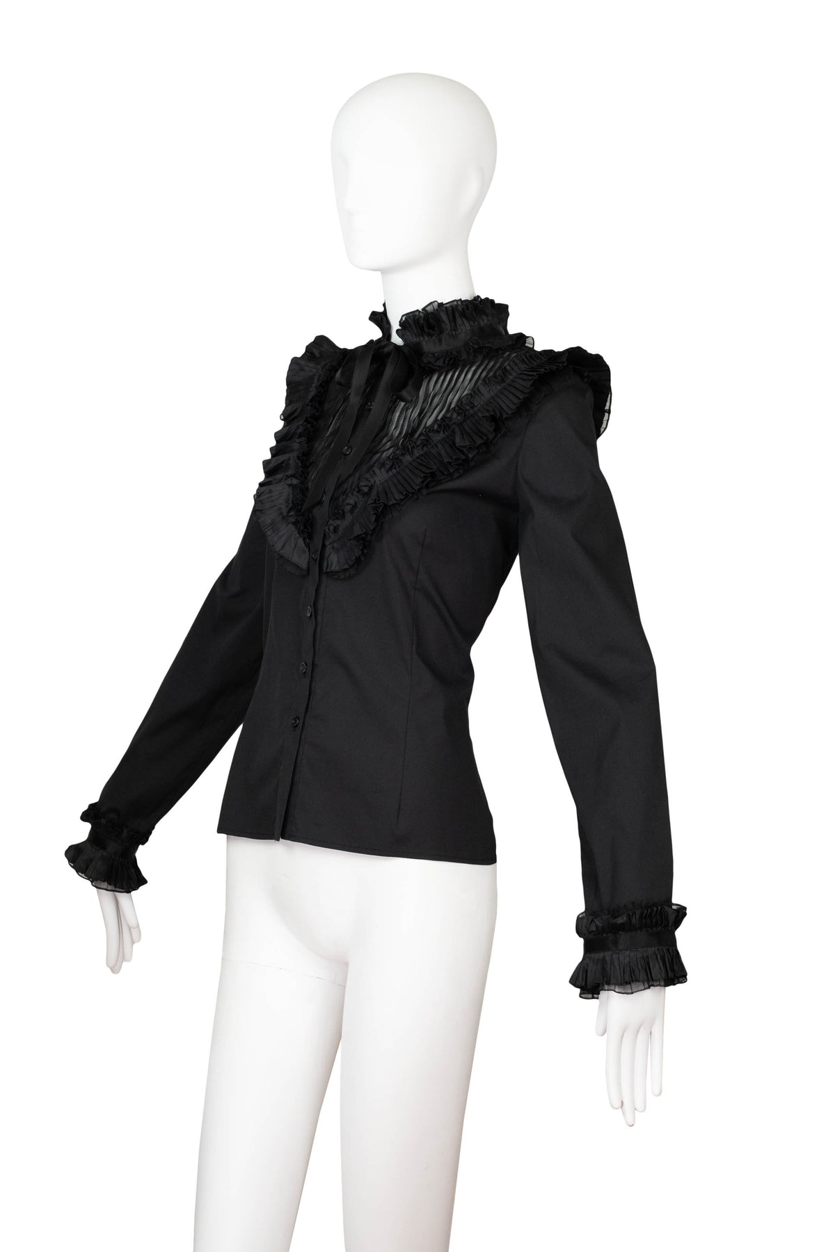Oscar de la Renta Black High Ruffle Neck Long Sleeve Blouse