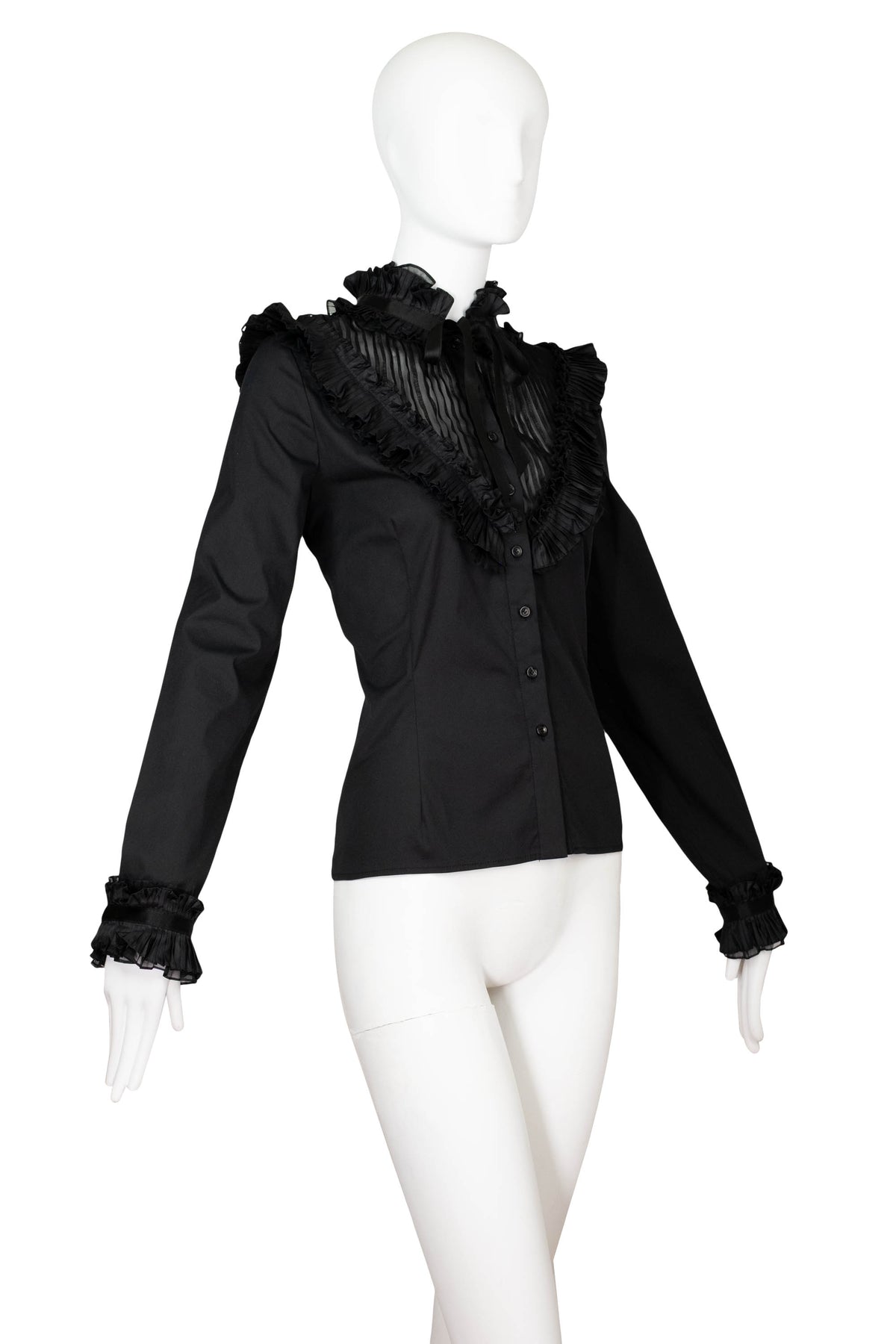 Oscar de la Renta Black High Ruffle Neck Long Sleeve Blouse