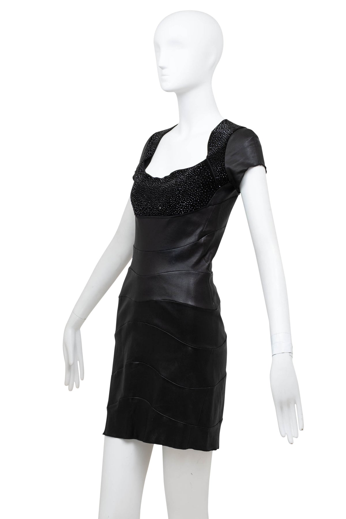 Jitrois Black Leather Dress with Crystal Embellishments Short Sleeve Size 40