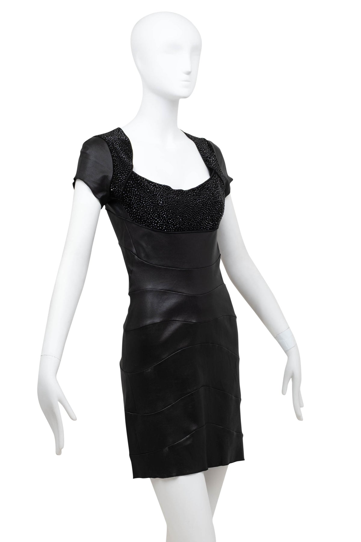 Jitrois Black Leather Dress with Crystal Embellishments Short Sleeve Size 40