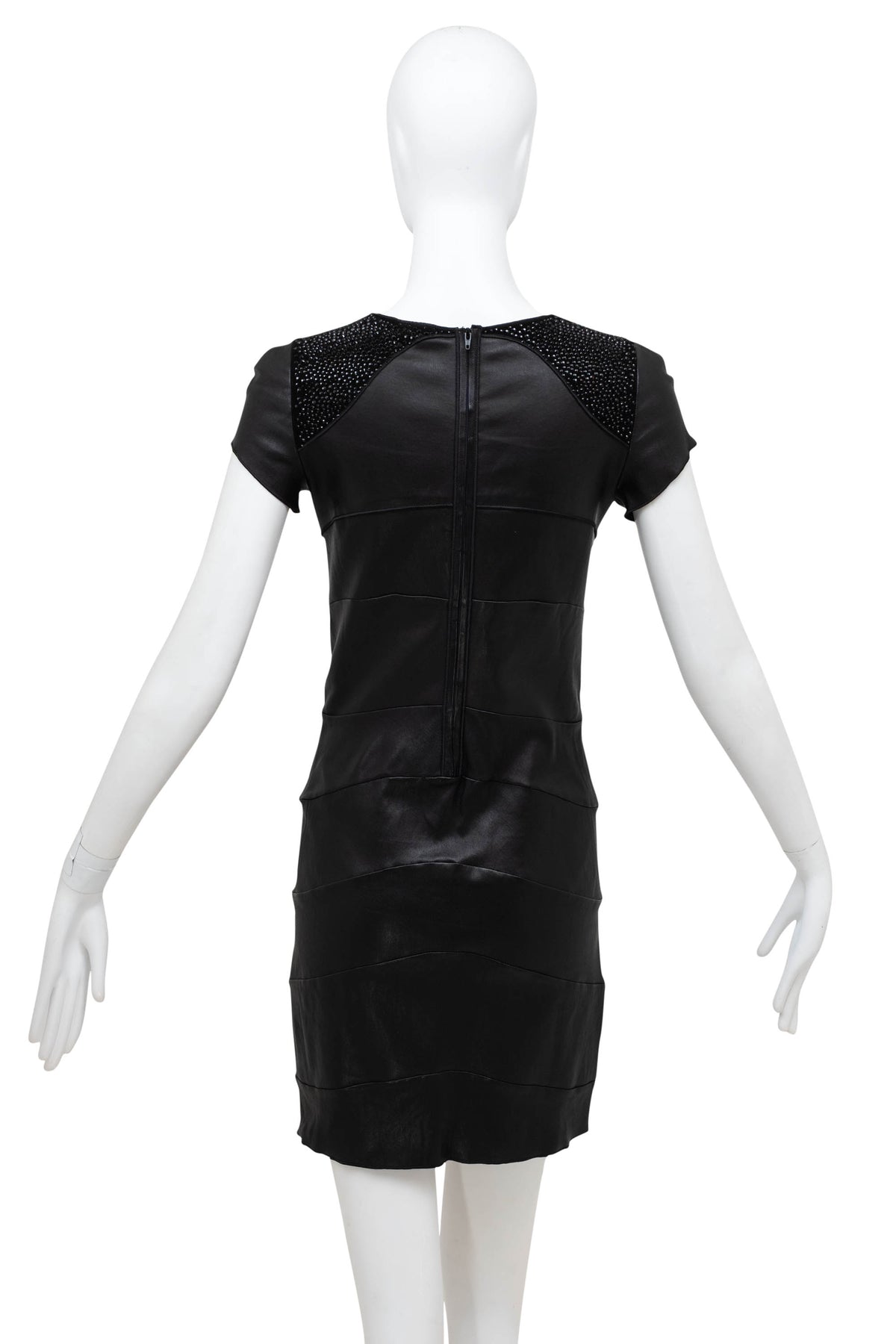 Jitrois Black Leather Dress with Crystal Embellishments Short Sleeve Size 40