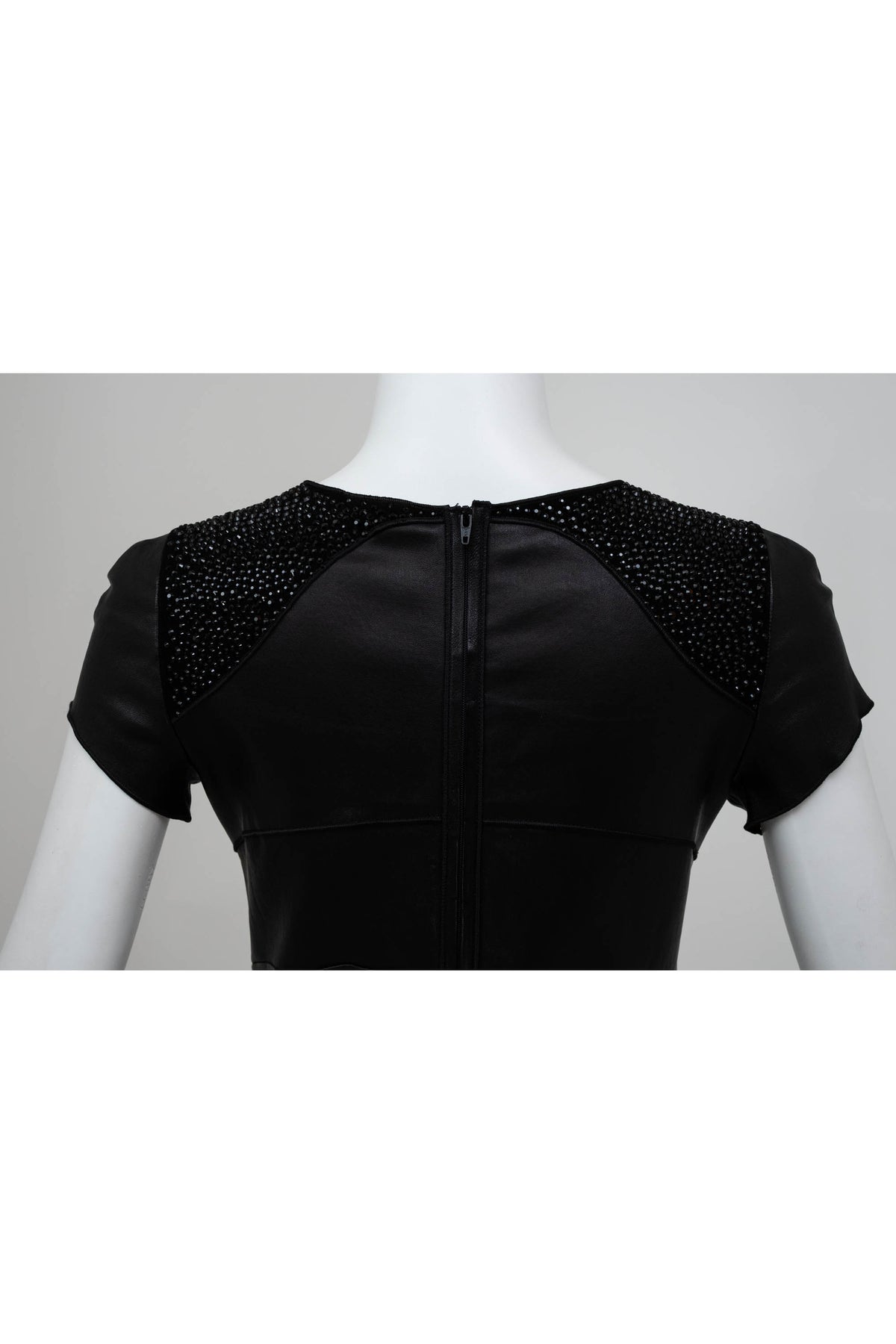 Jitrois Black Leather Dress with Crystal Embellishments Short Sleeve Size 40
