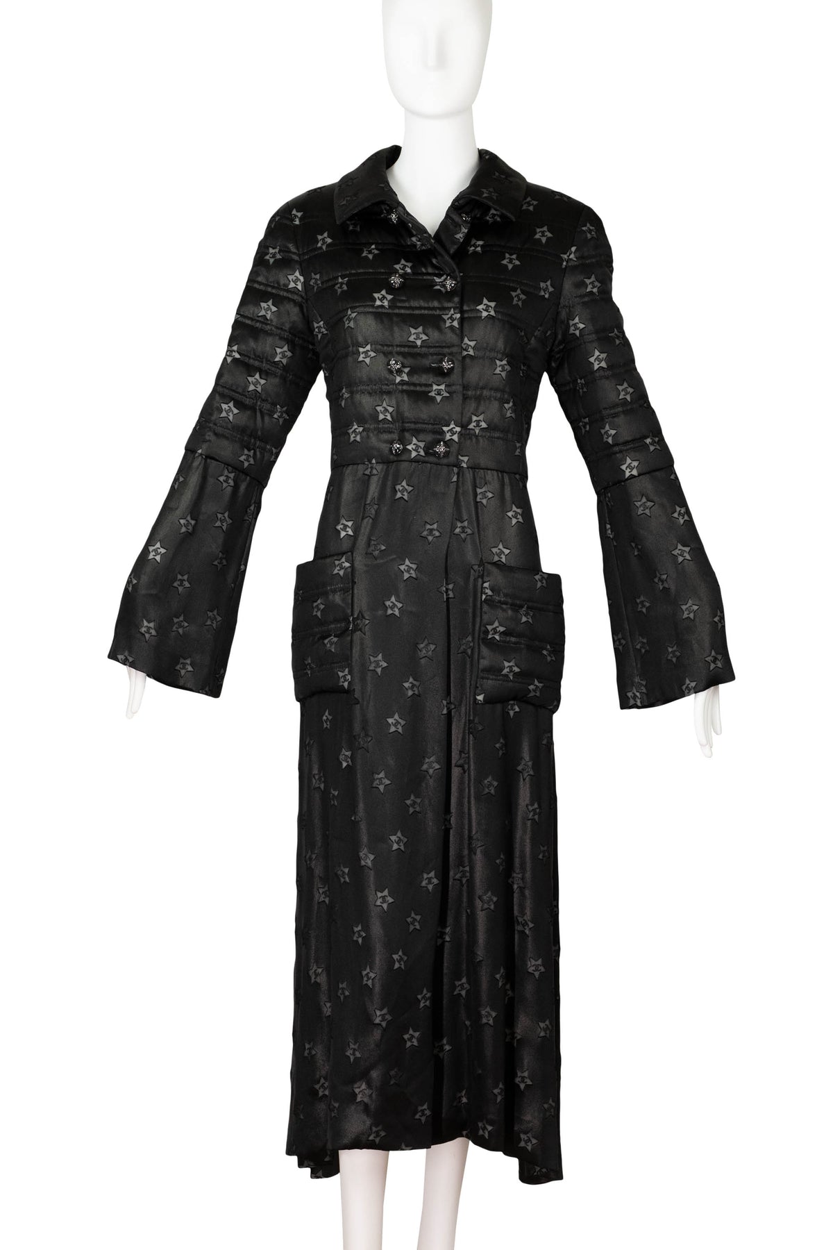 Chanel Black Silver CC in Star Maxi Quilted Coat Marseille 2024 Look 69 Size 42