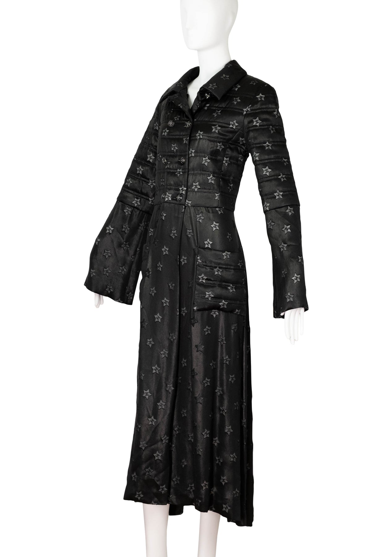 Chanel Black Silver CC in Star Maxi Quilted Coat Marseille 2024 Look 69 Size 42