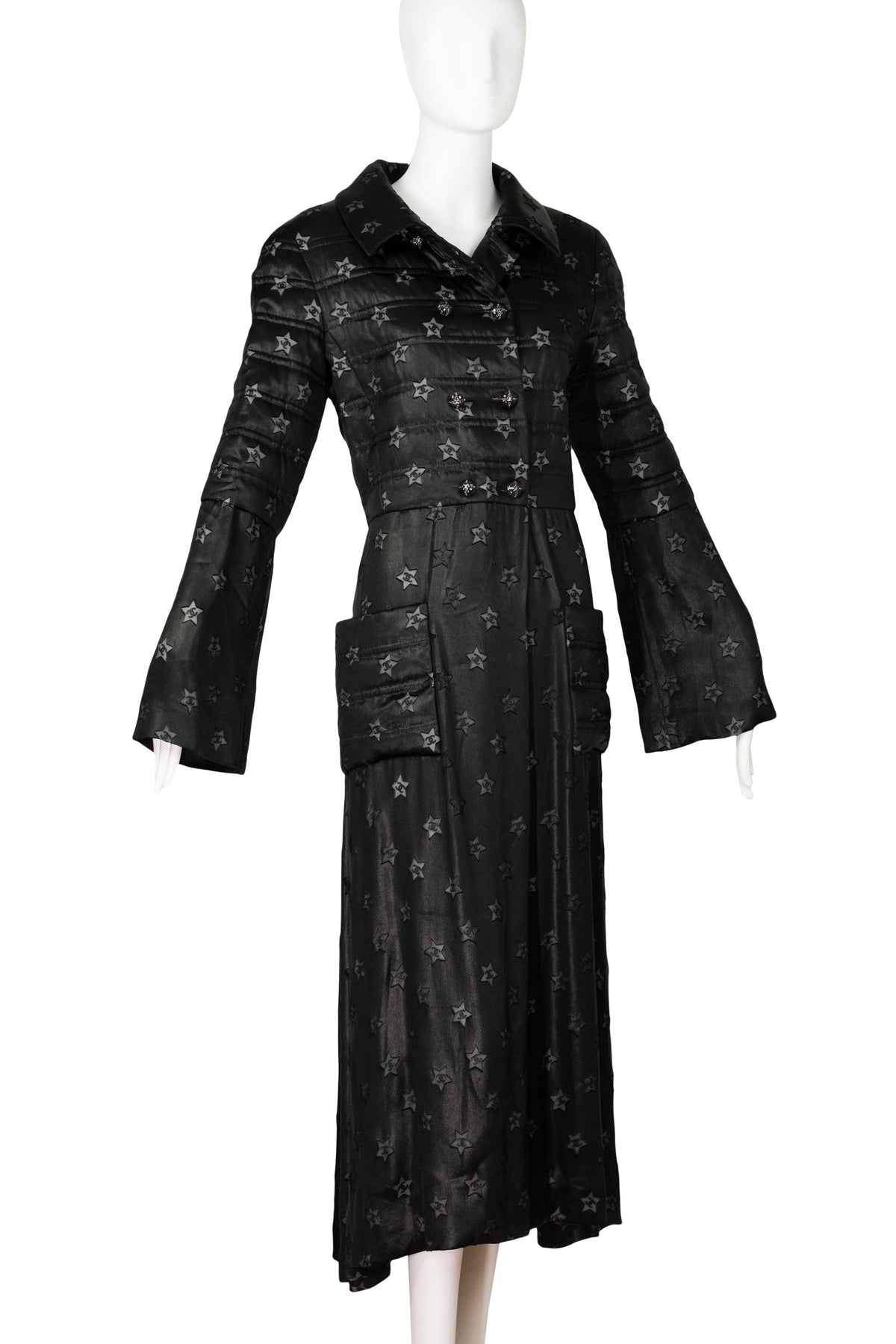 Chanel Black Silver CC in Star Maxi Quilted Coat Marseille 2024 Look 69 Size 42