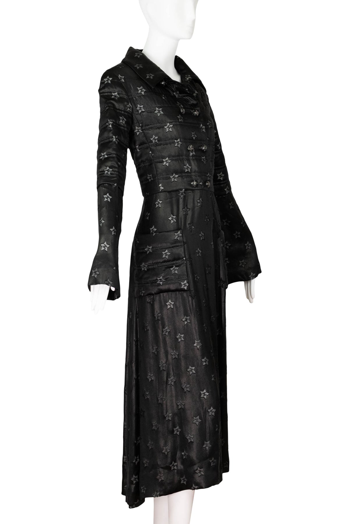 Chanel Black Silver CC in Star Maxi Quilted Coat Marseille 2024 Look 69 Size 42