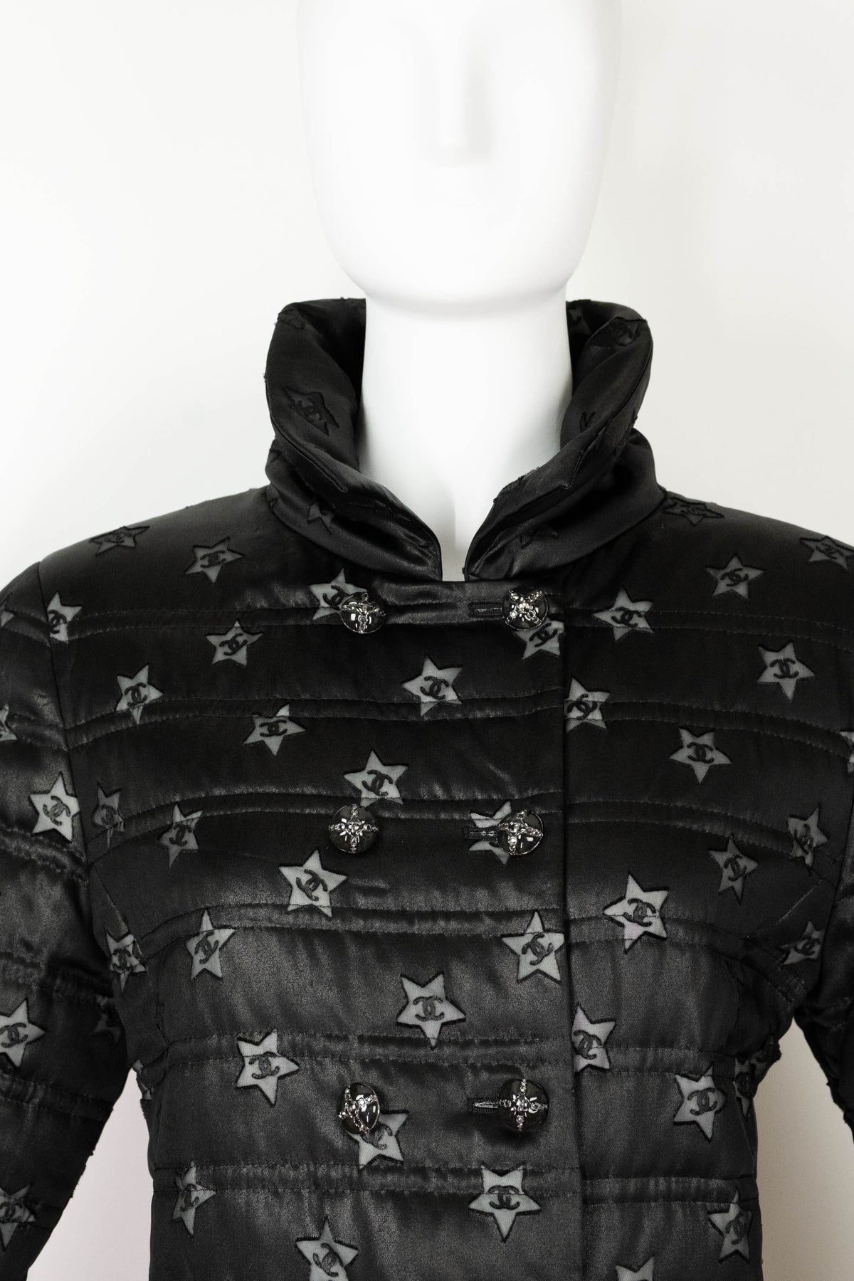 Chanel Black Silver CC in Star Maxi Quilted Coat Marseille 2024 Look 69 Size 42