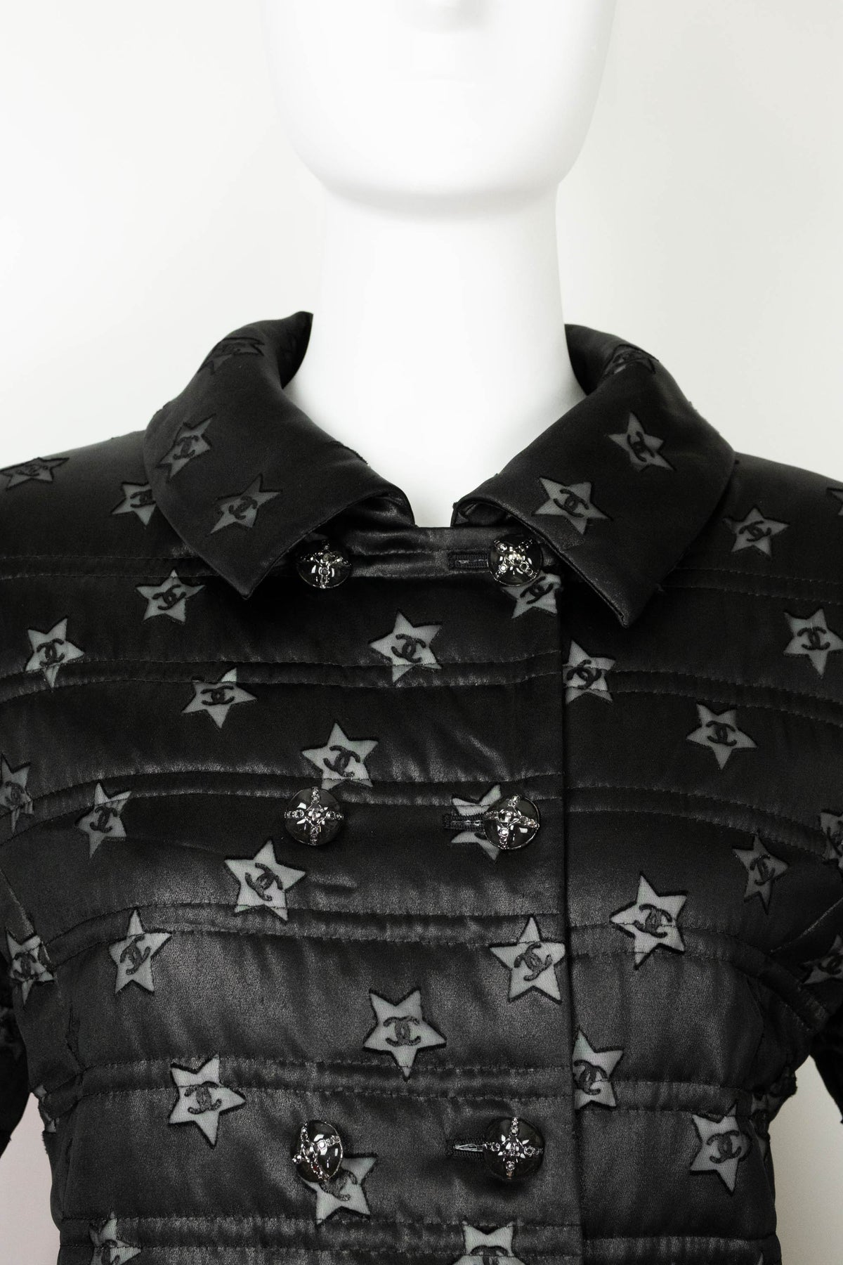 Chanel Black Silver CC in Star Maxi Quilted Coat Marseille 2024 Look 69 Size 42