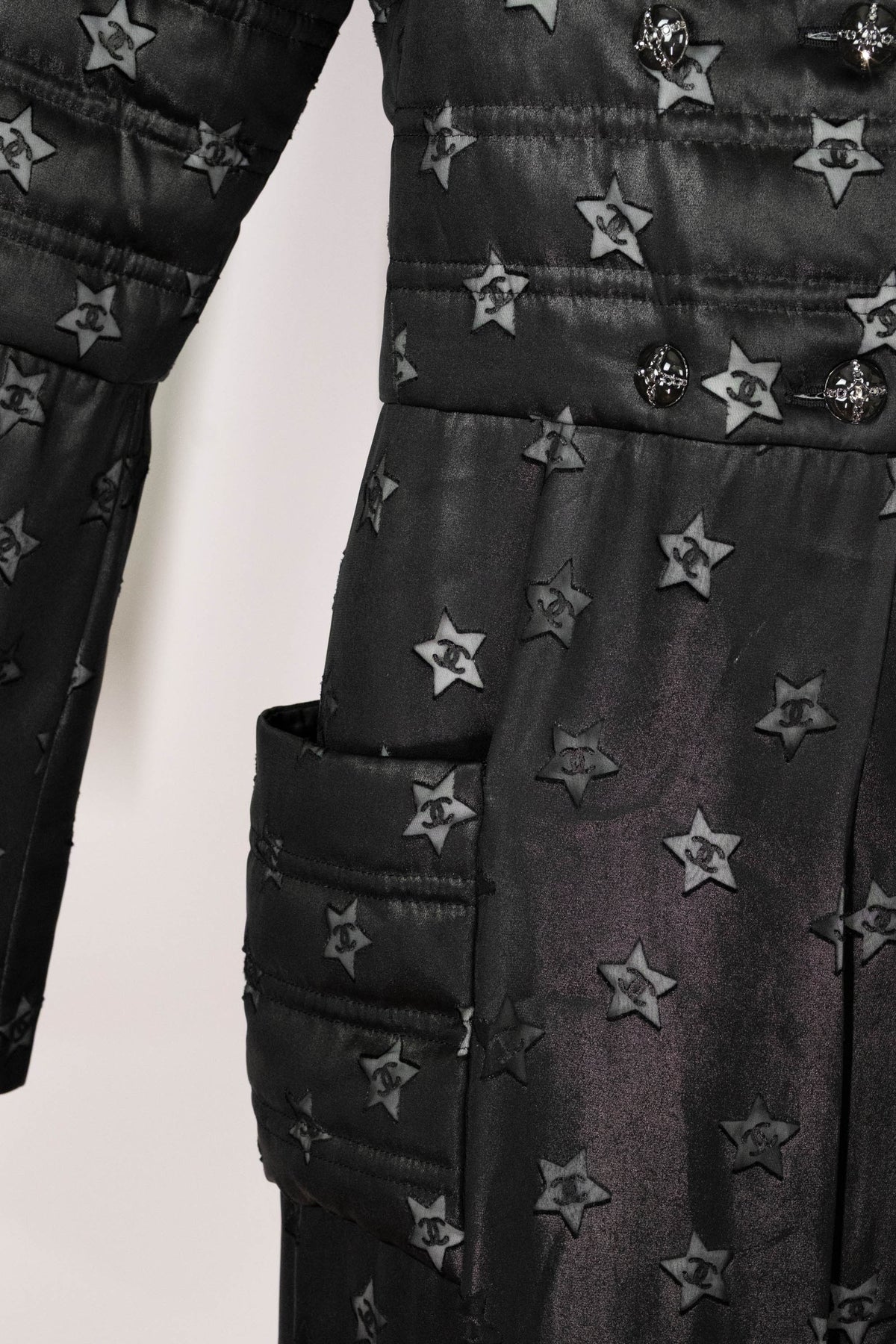 Chanel Black Silver CC in Star Maxi Quilted Coat Marseille 2024 Look 69 Size 42