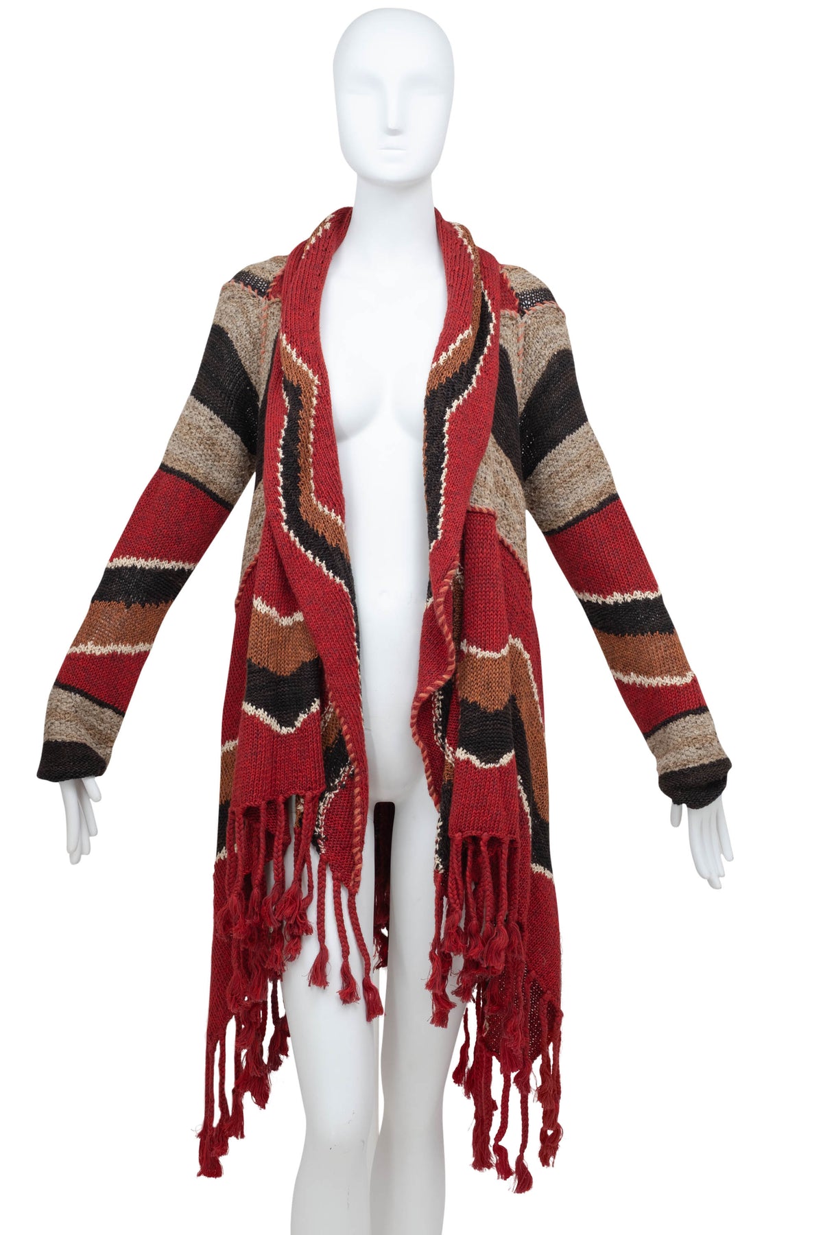 Ralph Lauren Maroon Multi Color Fringe Hand Knit Cardigan Sweater Size L