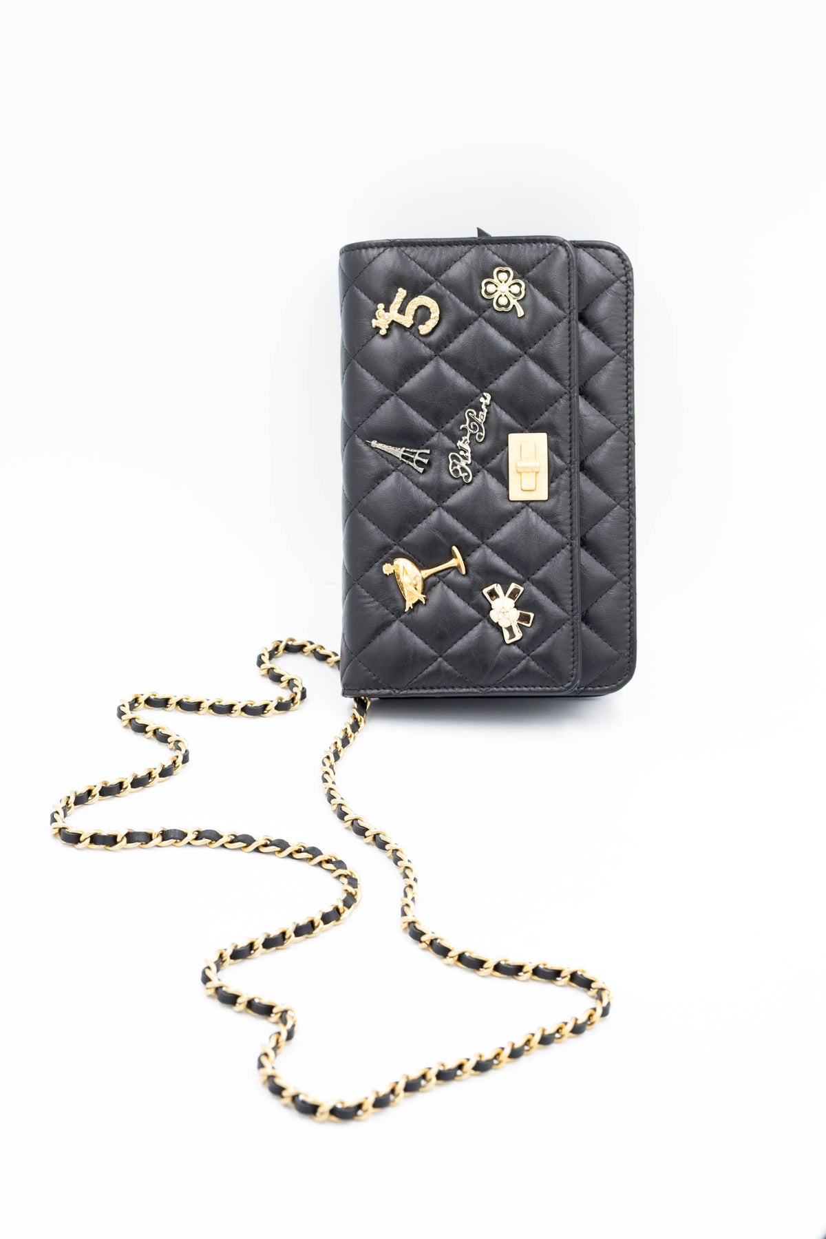 Chanel Black Paris Charms Reissue Wallet on A Chain