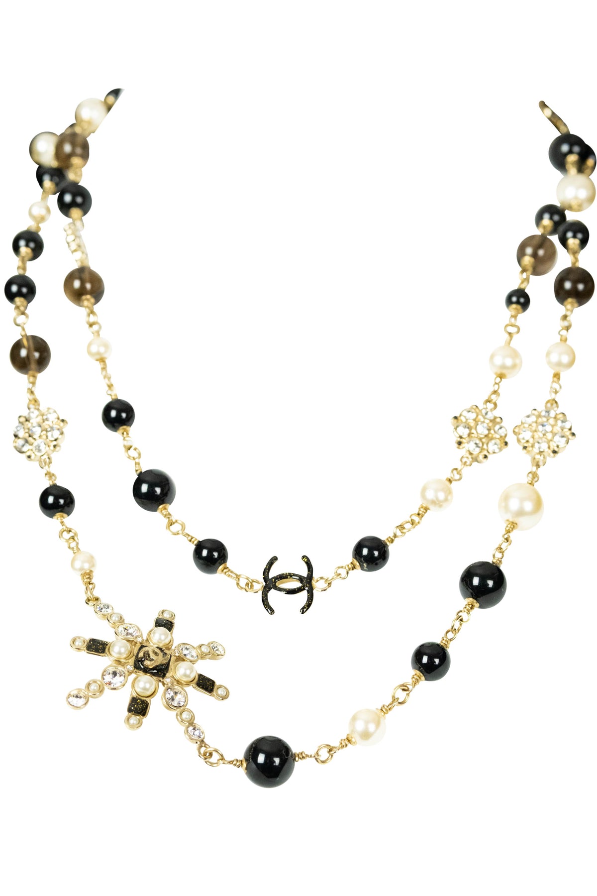 Chanel Gold Tone Black Pearl Crystal Starburst CC Sautoir Necklace 2019
