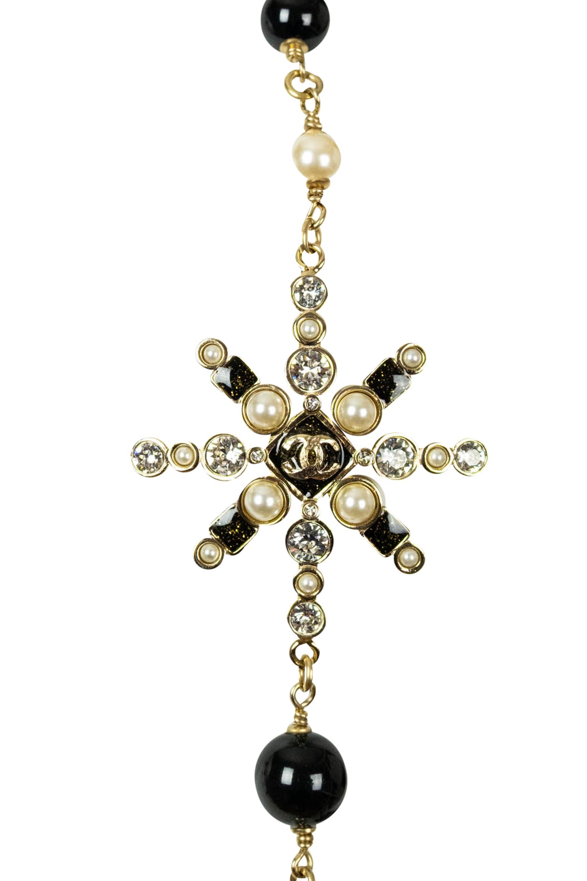 Chanel Gold Tone Black Pearl Crystal Starburst CC Sautoir Necklace 2019