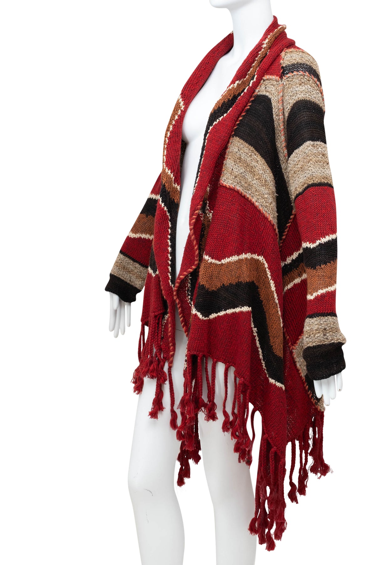 Ralph Lauren Maroon Multi Color Fringe Hand Knit Cardigan Sweater Size L