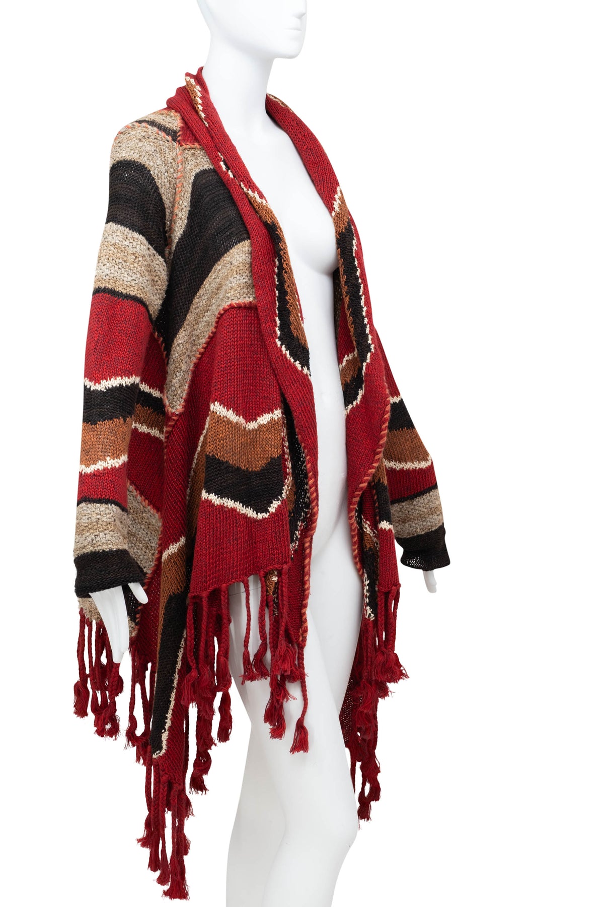 Ralph Lauren Maroon Multi Color Fringe Hand Knit Cardigan Sweater Size L