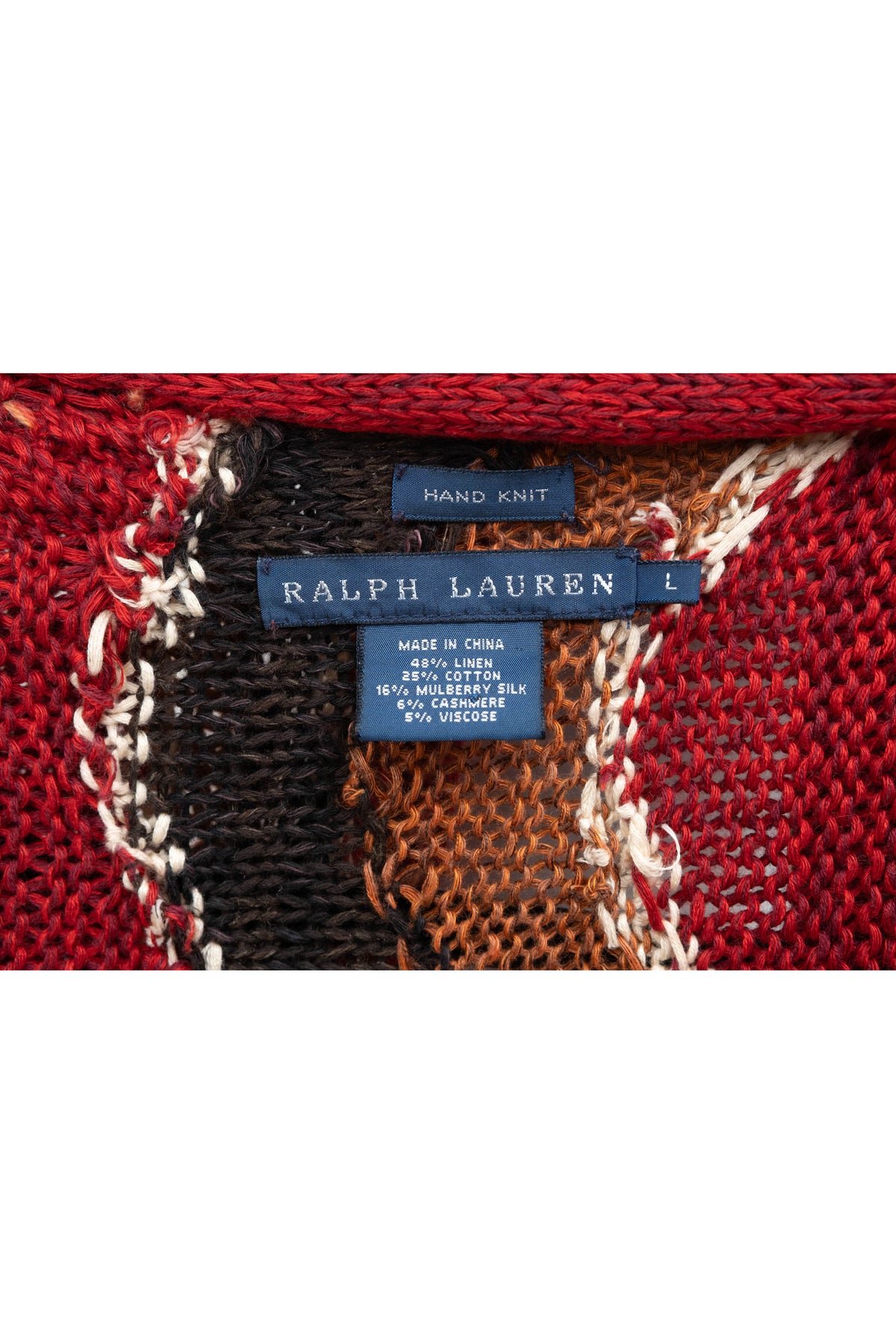 Ralph Lauren Maroon Multi Color Fringe Hand Knit Cardigan Sweater Size L