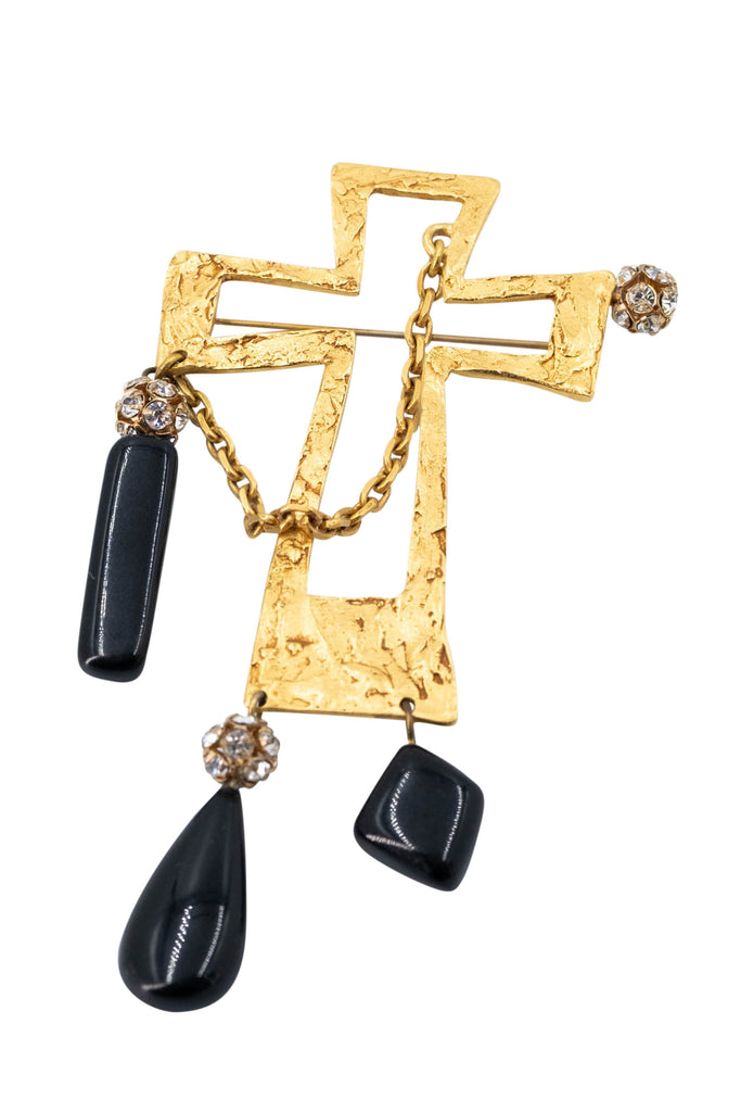 Christian Lacroix Gold Tone Cross Brooch with Black Glass drops