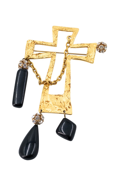 Christian Lacroix Gold Tone Cross Brooch with Black Glass drops
