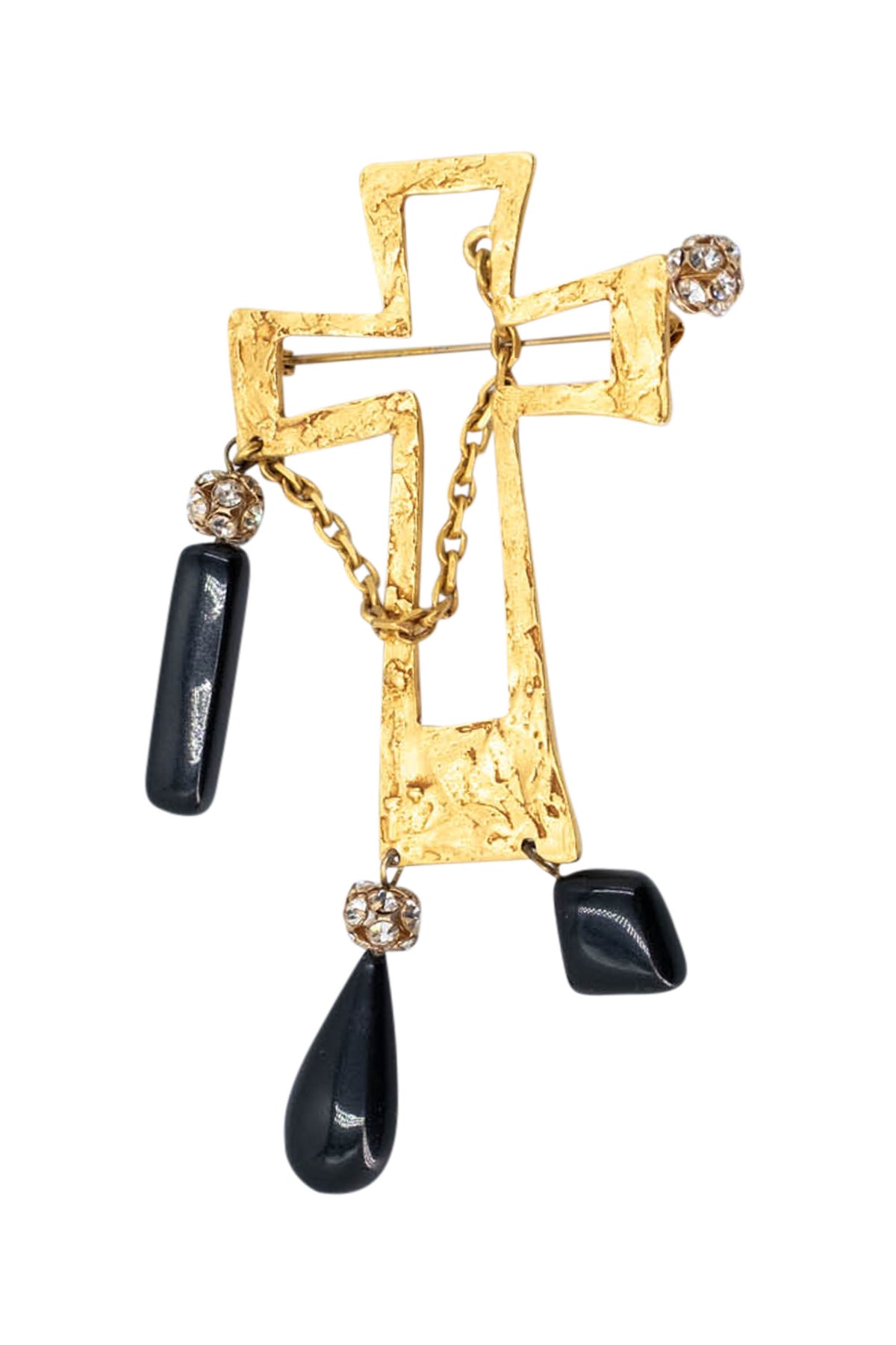 Christian Lacroix Gold Tone Cross Brooch with Black Glass drops