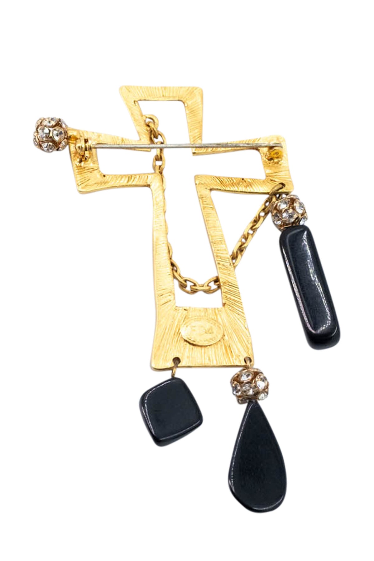 Christian Lacroix Gold Tone Cross Brooch with Black Glass drops