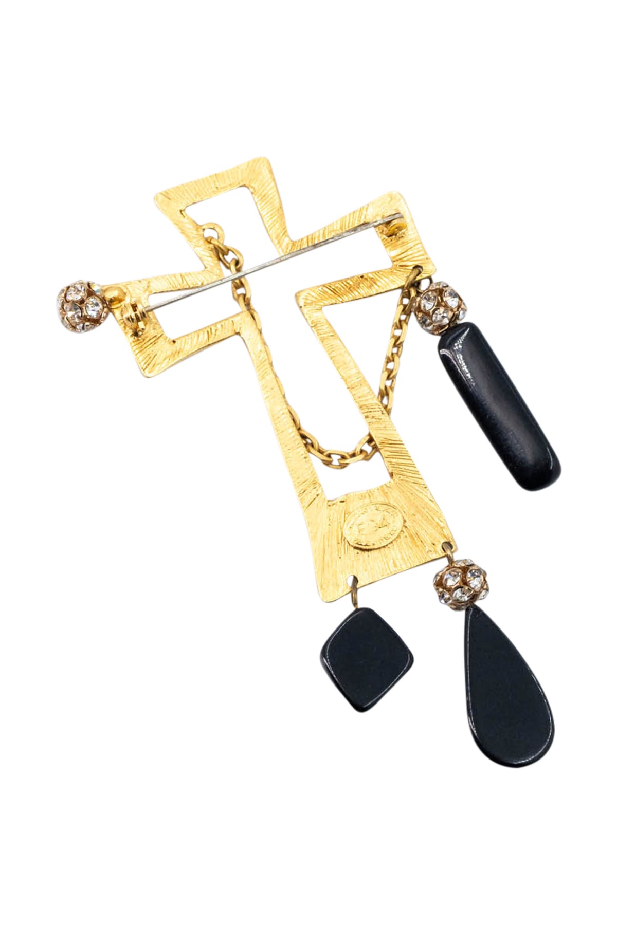 Christian Lacroix Gold Tone Cross Brooch with Black Glass drops