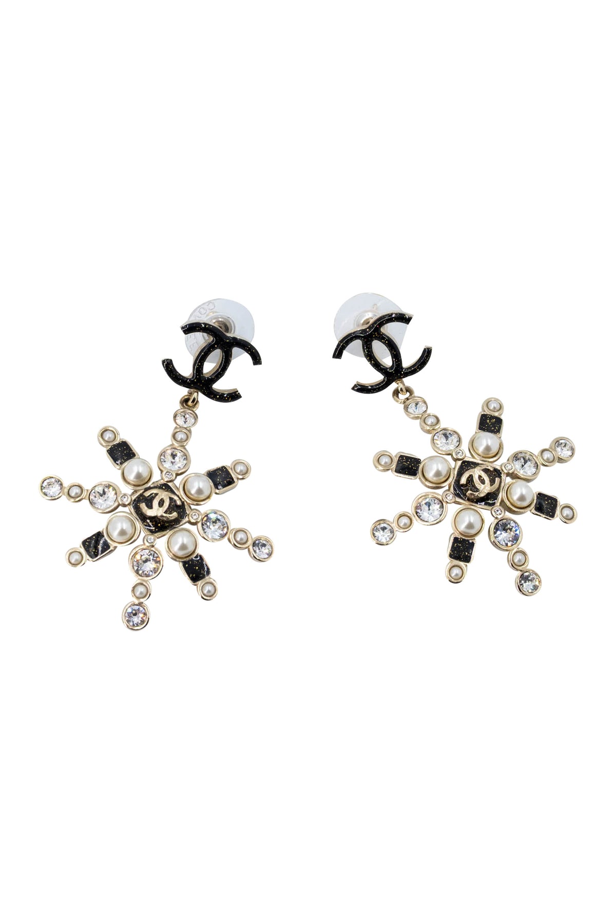 Chanel Black Gold Tone Starburst Earrings Pearl Strass 2019