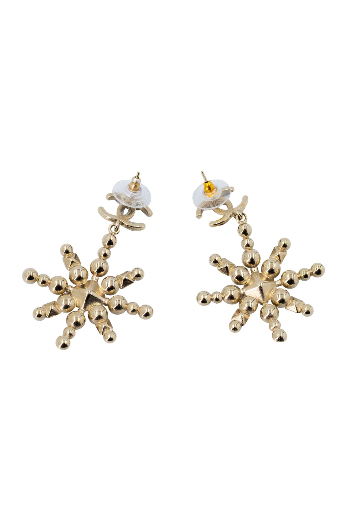 Chanel Black Gold Tone Starburst Earrings Pearl Strass 2019