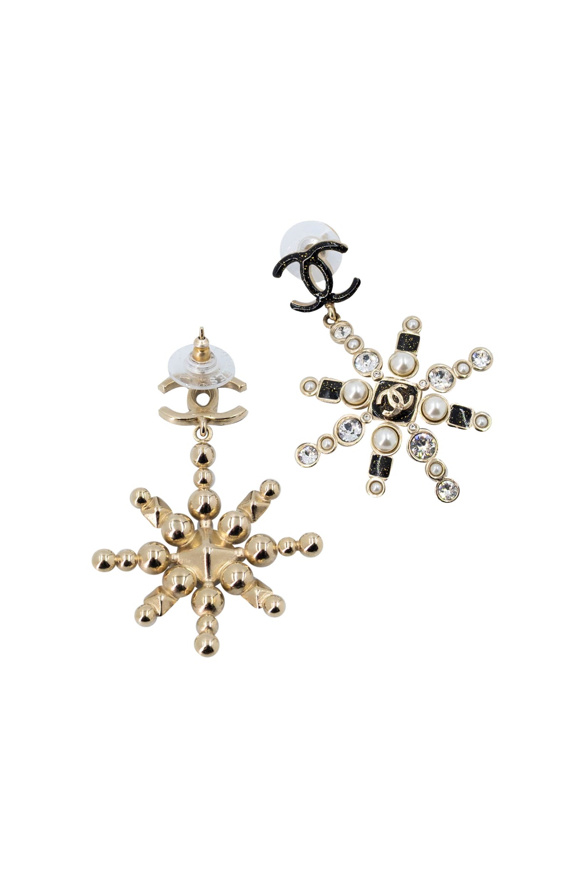 Chanel Black Gold Tone Starburst Earrings Pearl Strass 2019
