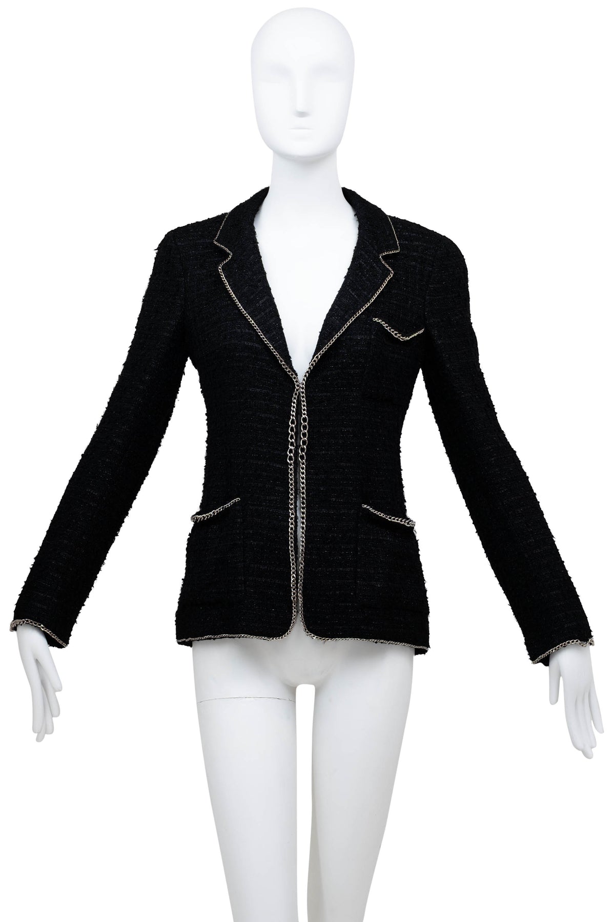 Chanel Black Silver Chain Trim Fantasy Tweed Boucle Jacket 2006 Size 38