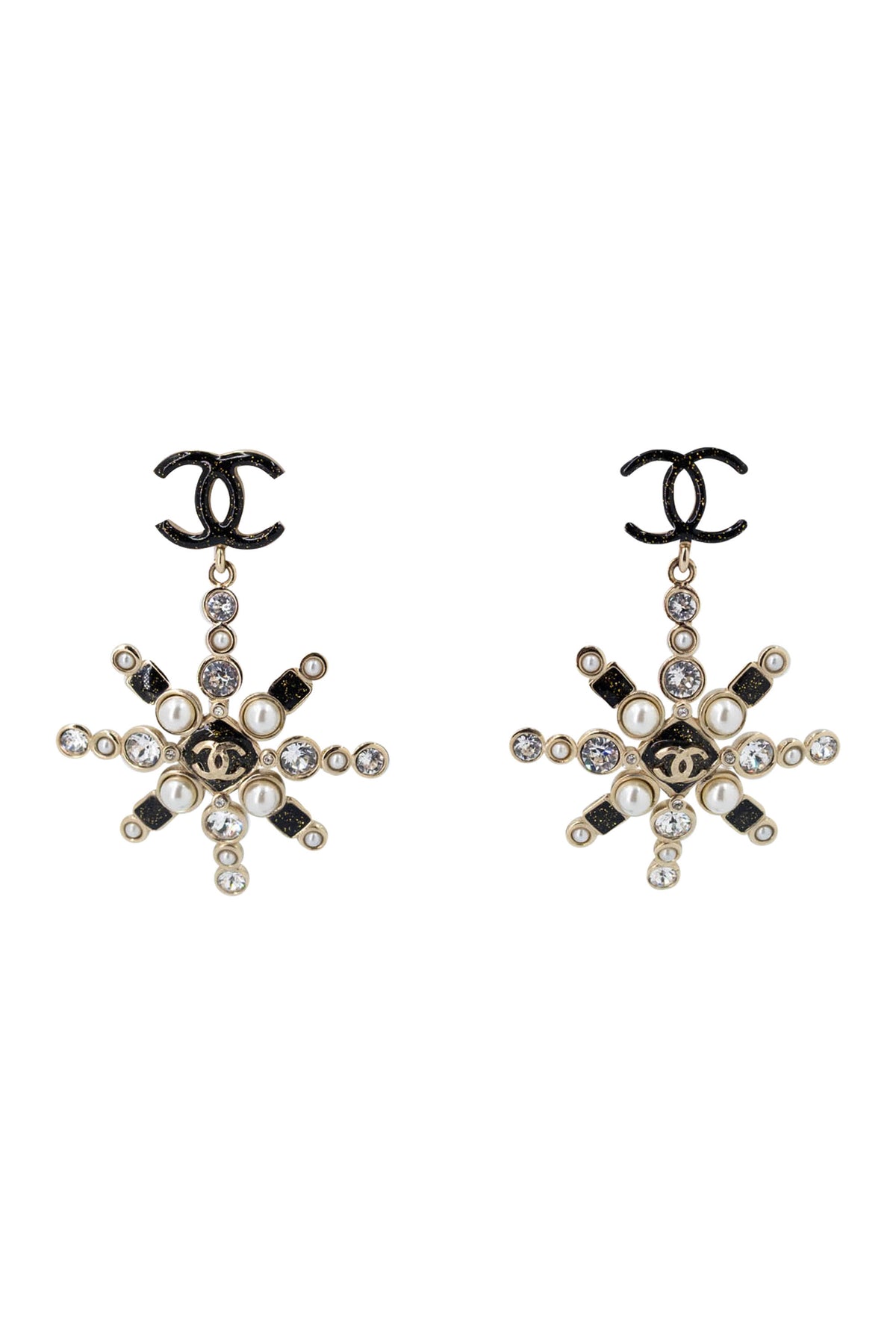 Chanel Black Gold Tone Starburst Earrings Pearl Strass 2019
