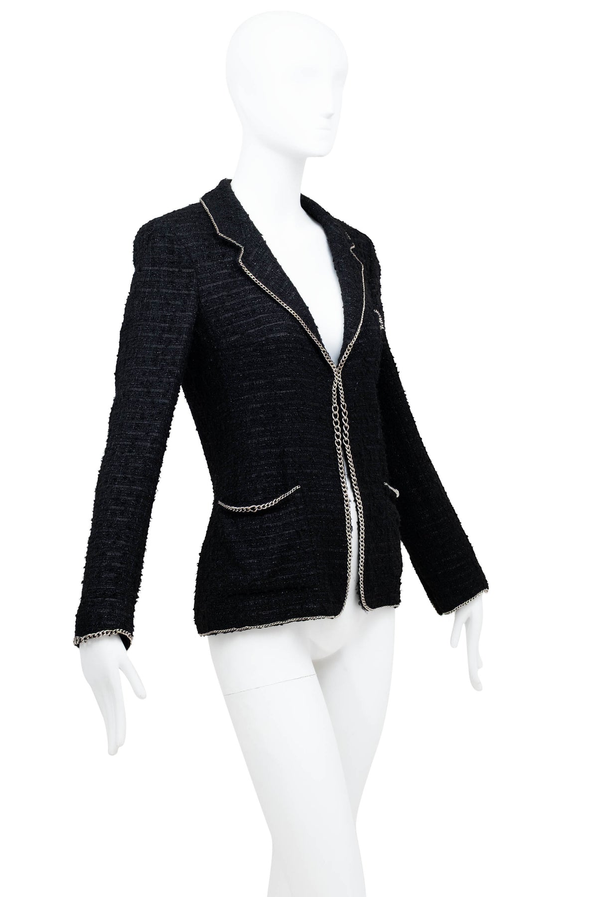 Chanel Black Silver Chain Trim Fantasy Tweed Boucle Jacket 2006 Size 38