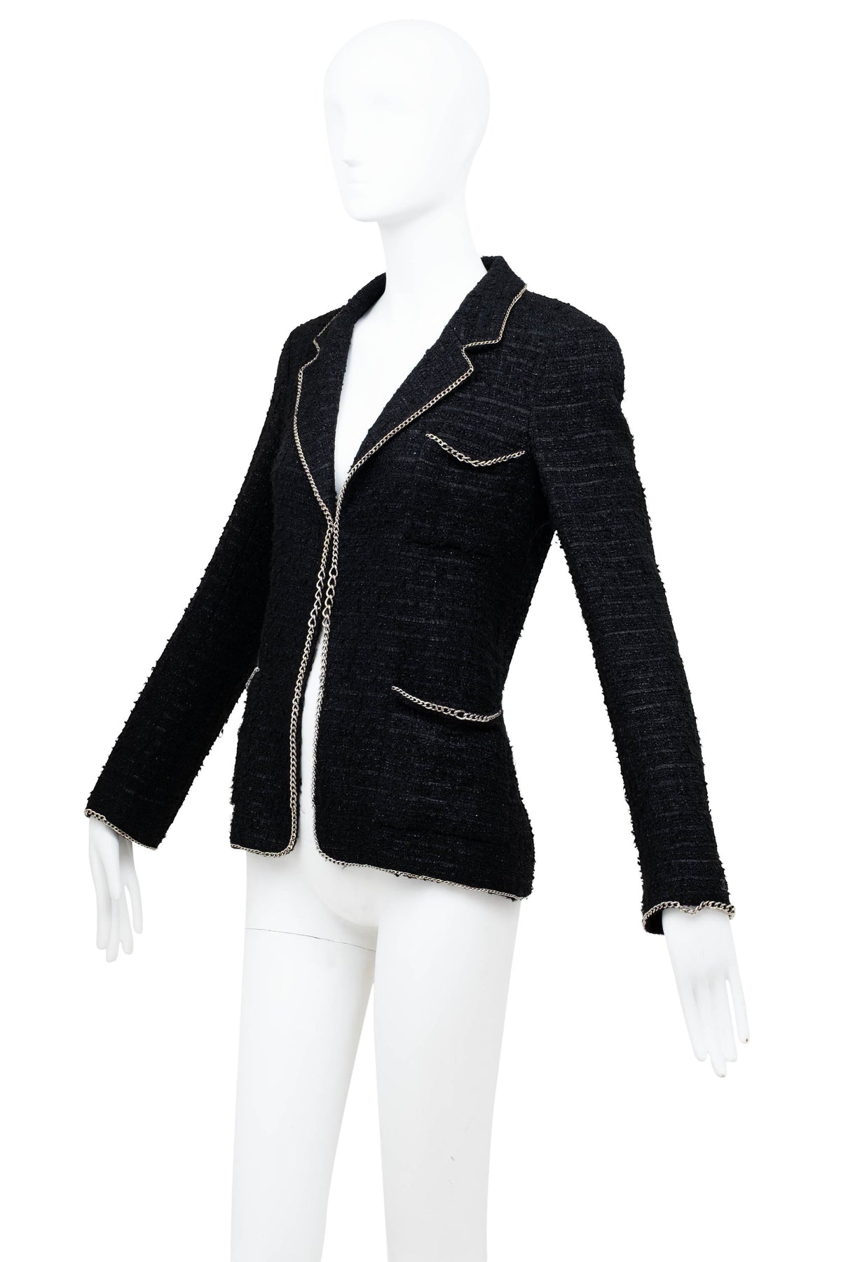 Chanel Black Silver Chain Trim Fantasy Tweed Boucle Jacket 2006 Size 38