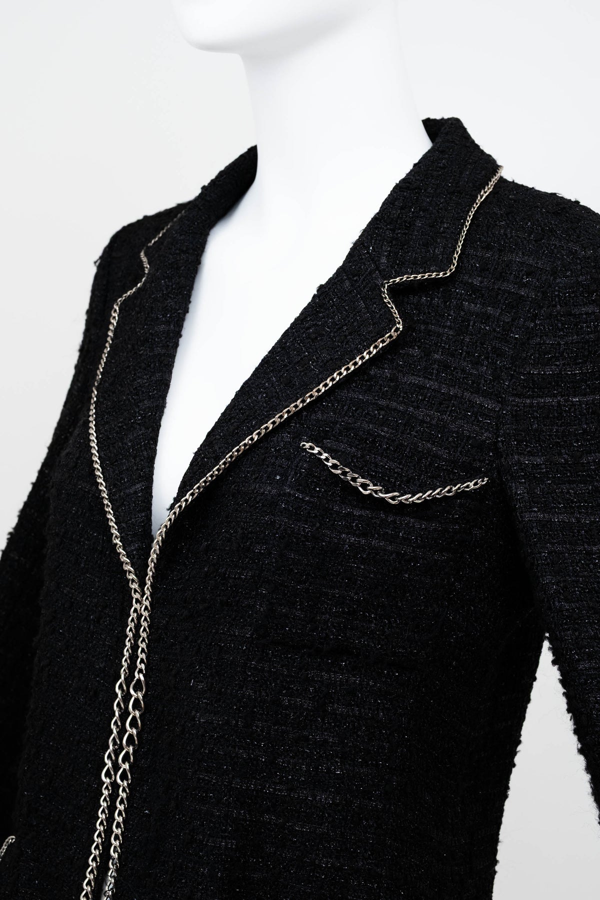 Chanel Black Silver Chain Trim Fantasy Tweed Boucle Jacket 2006 Size 38