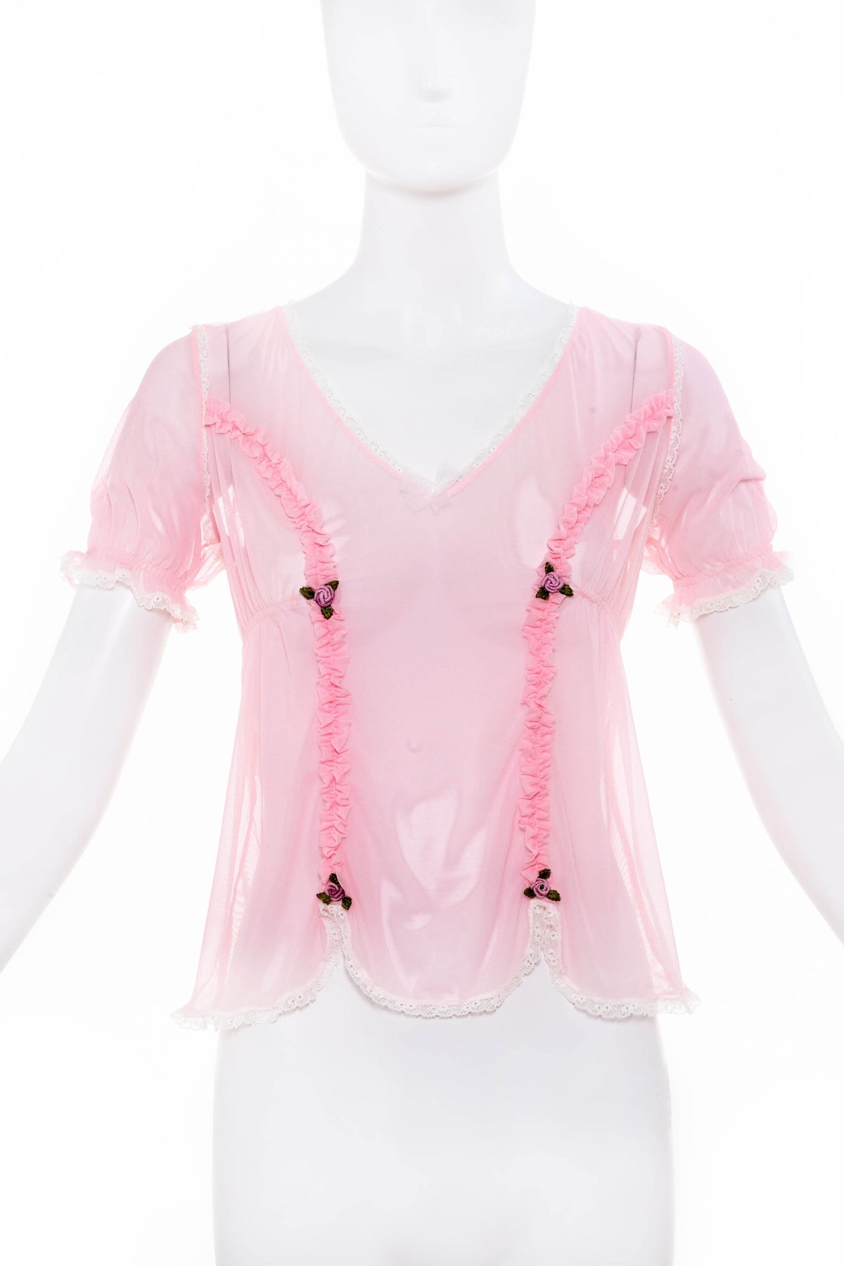 Dolce &amp; Gabbana Mesh Knit Baby Pink Lace Trim Top Size M