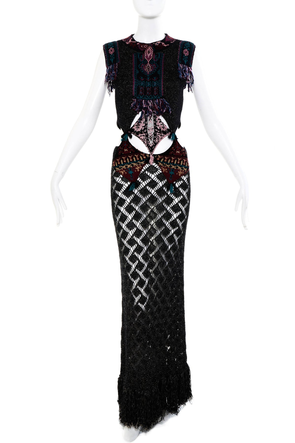 Etro Black Pink and Teal open Waist Crochet Maxi Dress Size 42/6