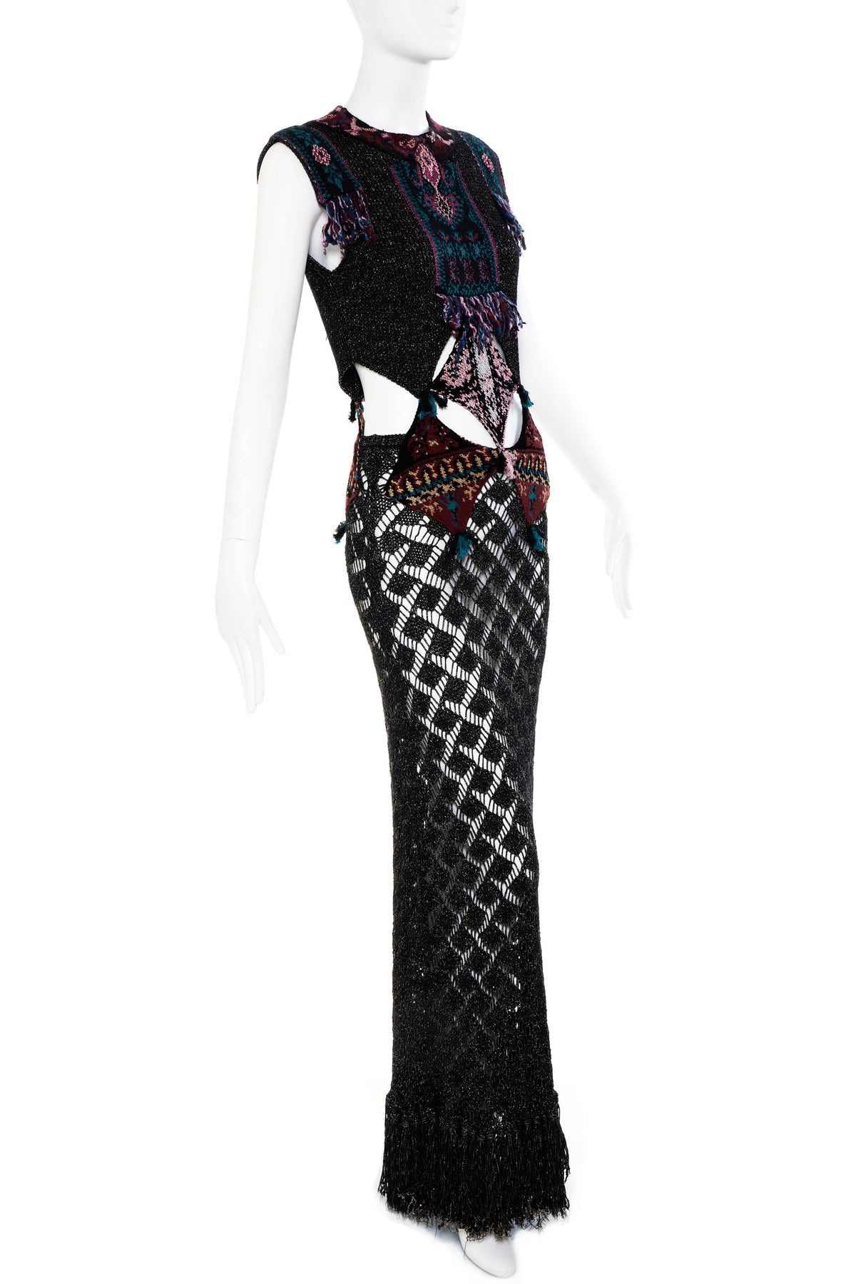 Etro Black Pink and Teal open Waist Crochet Maxi Dress Size 42/6