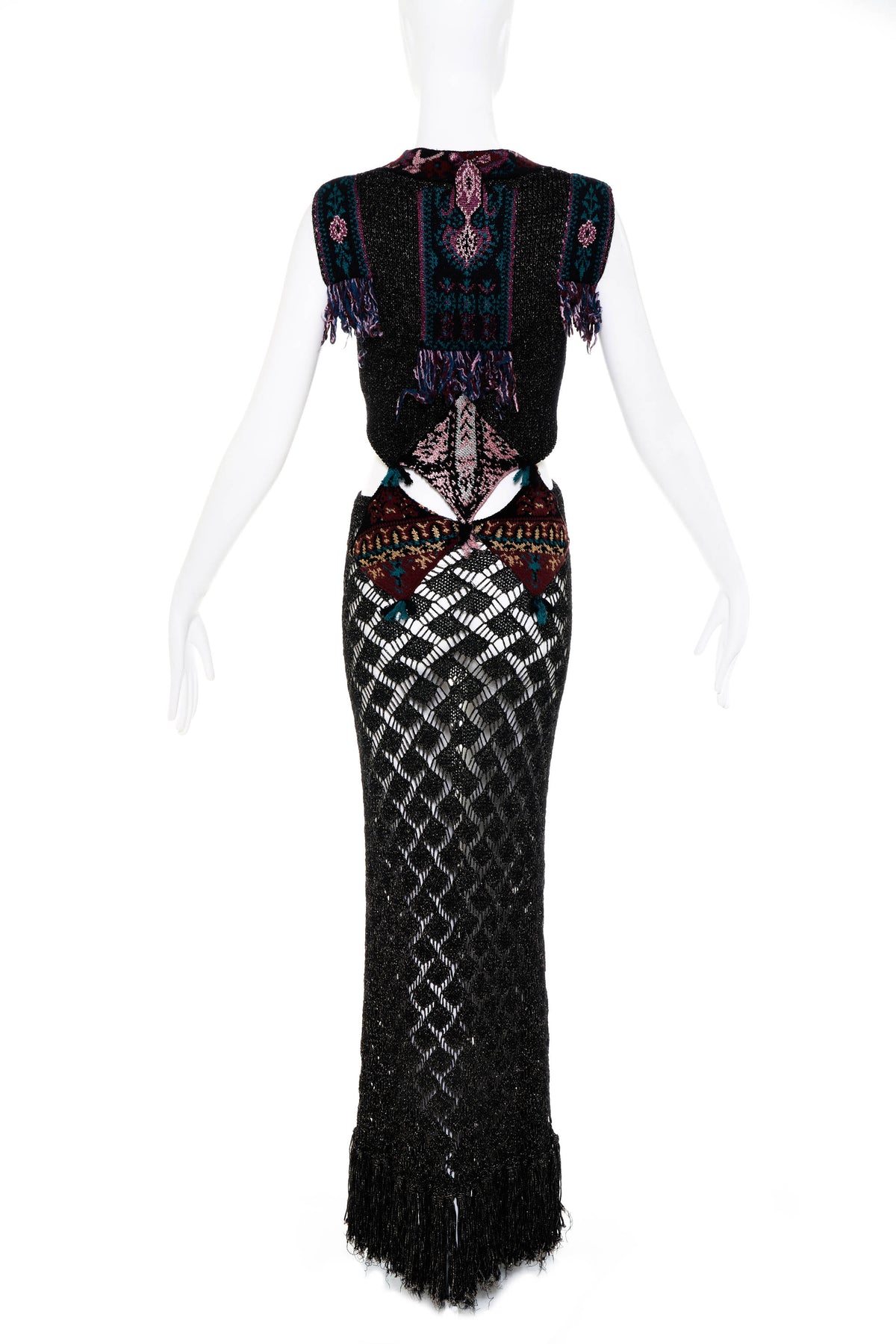 Etro Black Pink and Teal open Waist Crochet Maxi Dress Size 42/6