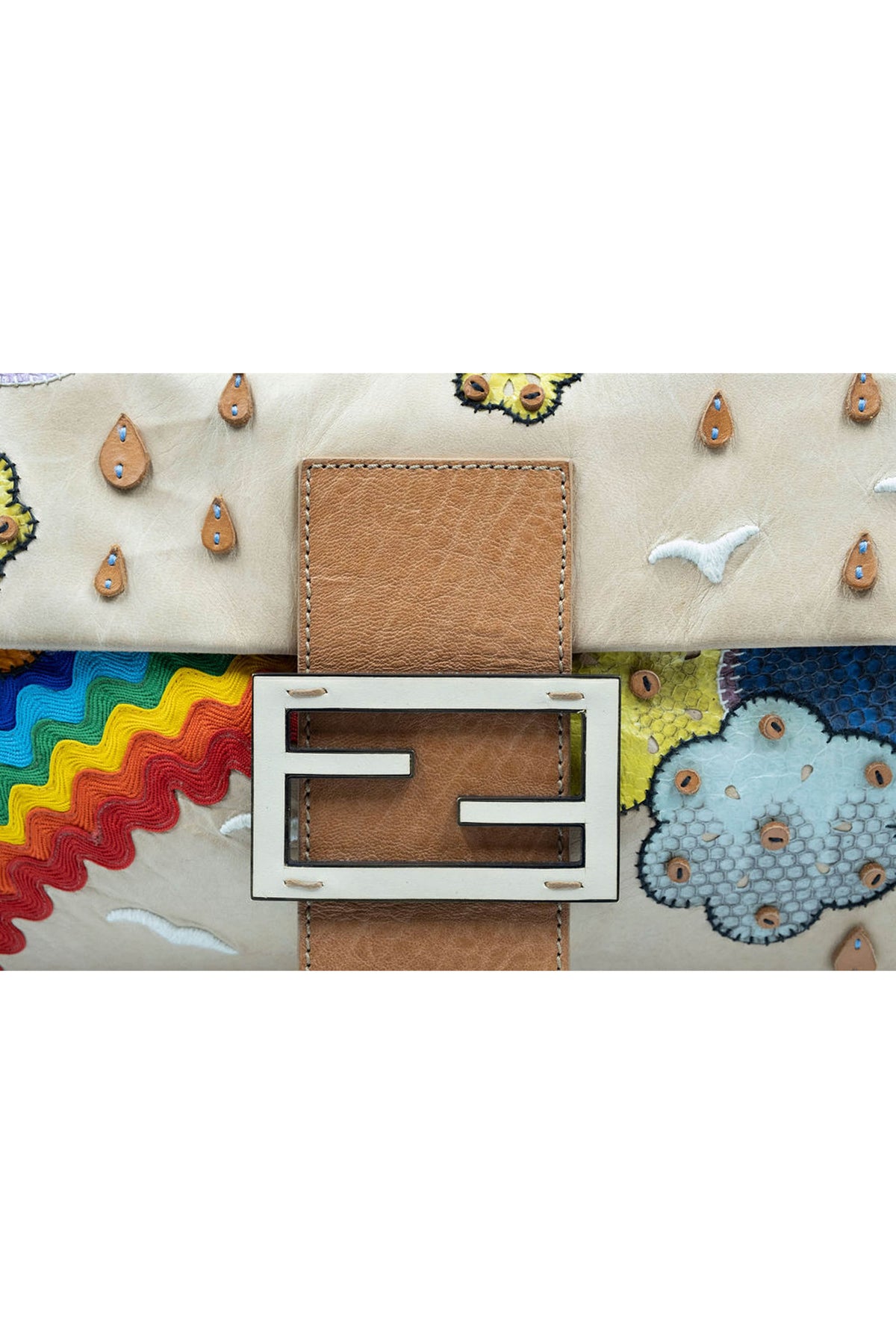 Fendi Jumbo Tan Leather Rainbow, Flower, Rain Embellished Baguette Purse