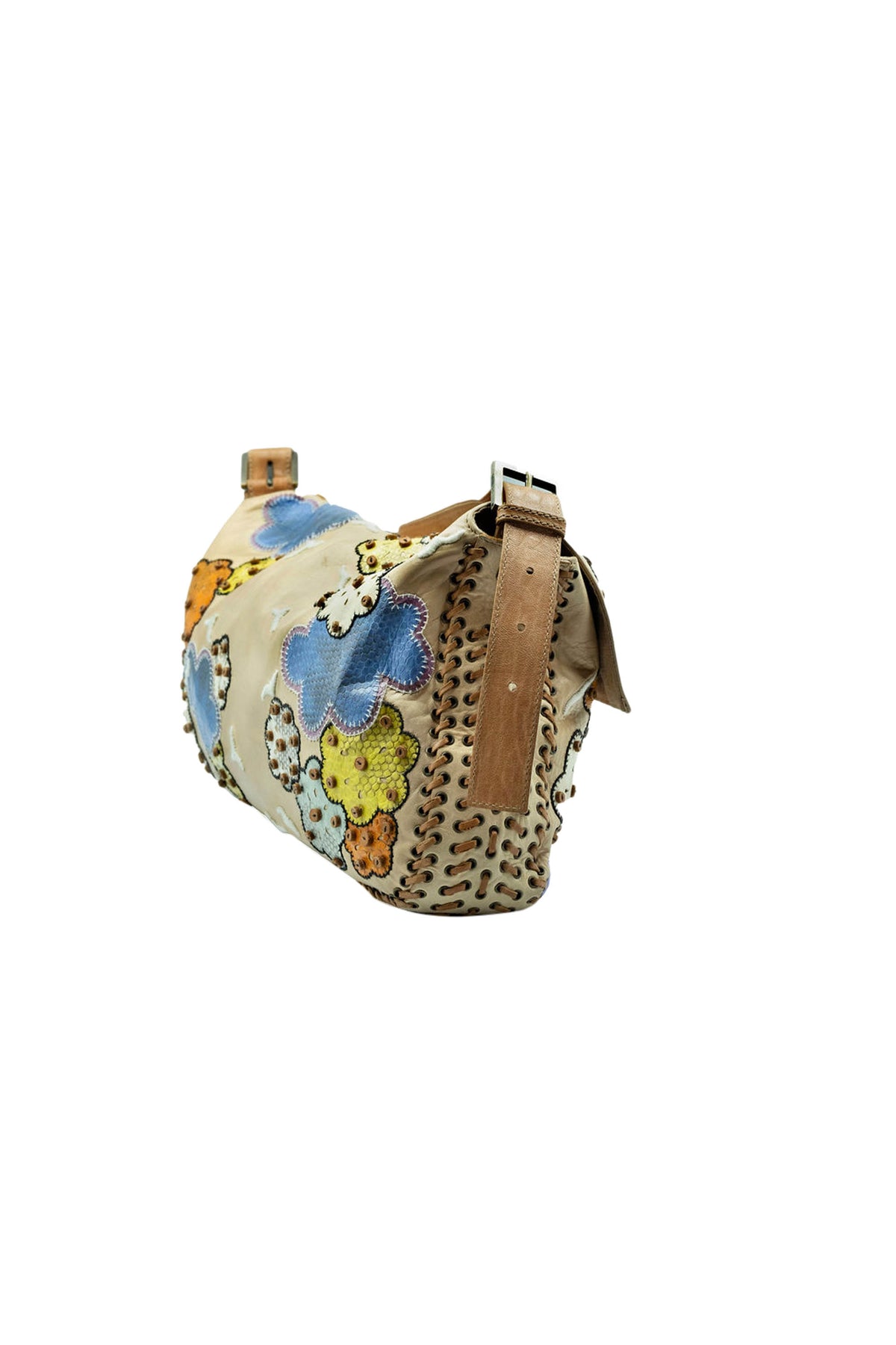 Fendi Jumbo Tan Leather Rainbow, Flower, Rain Embellished Baguette Purse