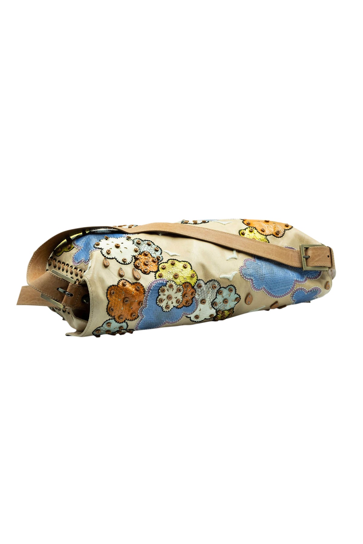 Fendi Jumbo Tan Leather Rainbow, Flower, Rain Embellished Baguette Purse