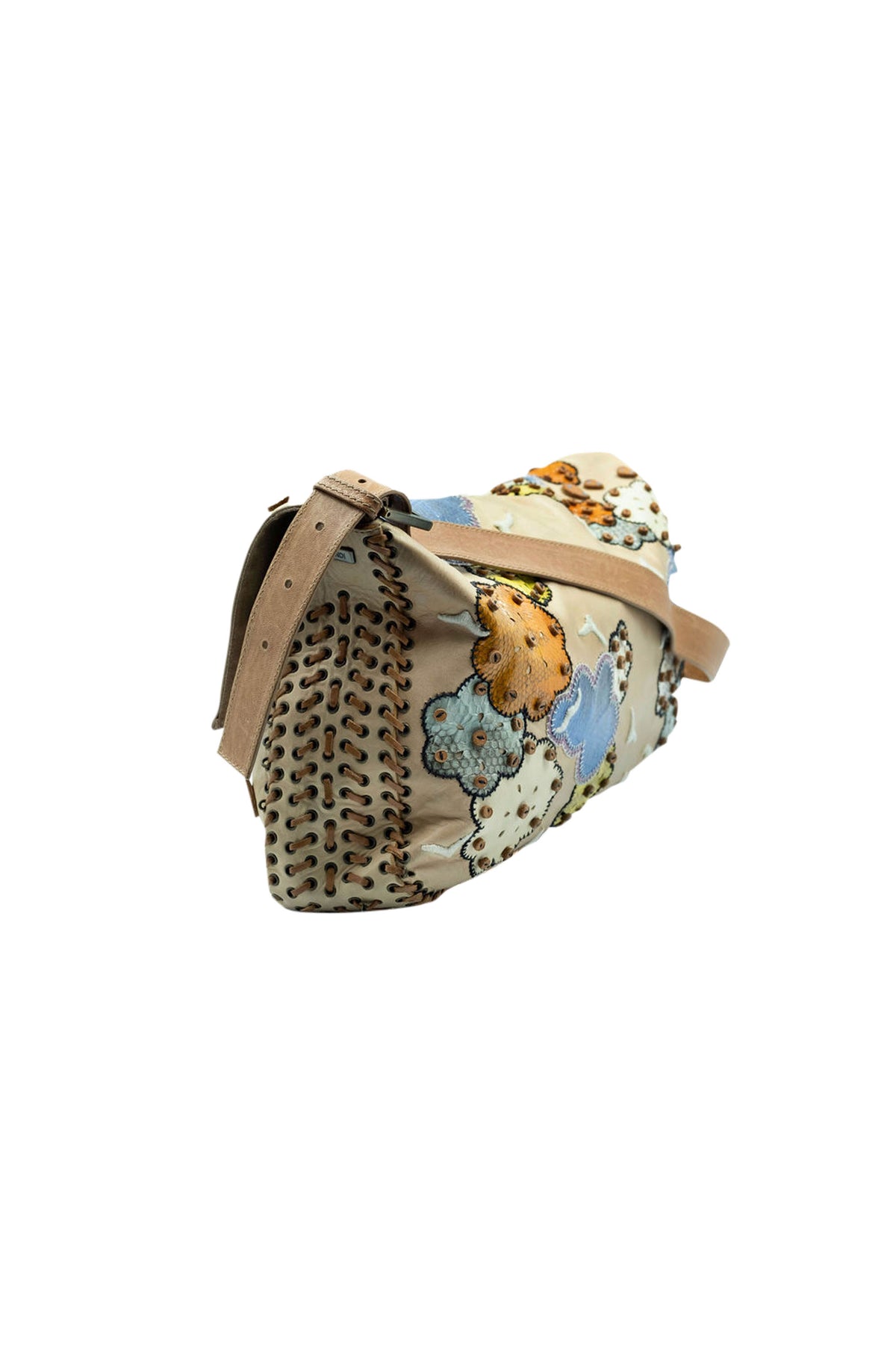 Fendi Jumbo Tan Leather Rainbow, Flower, Rain Embellished Baguette Purse