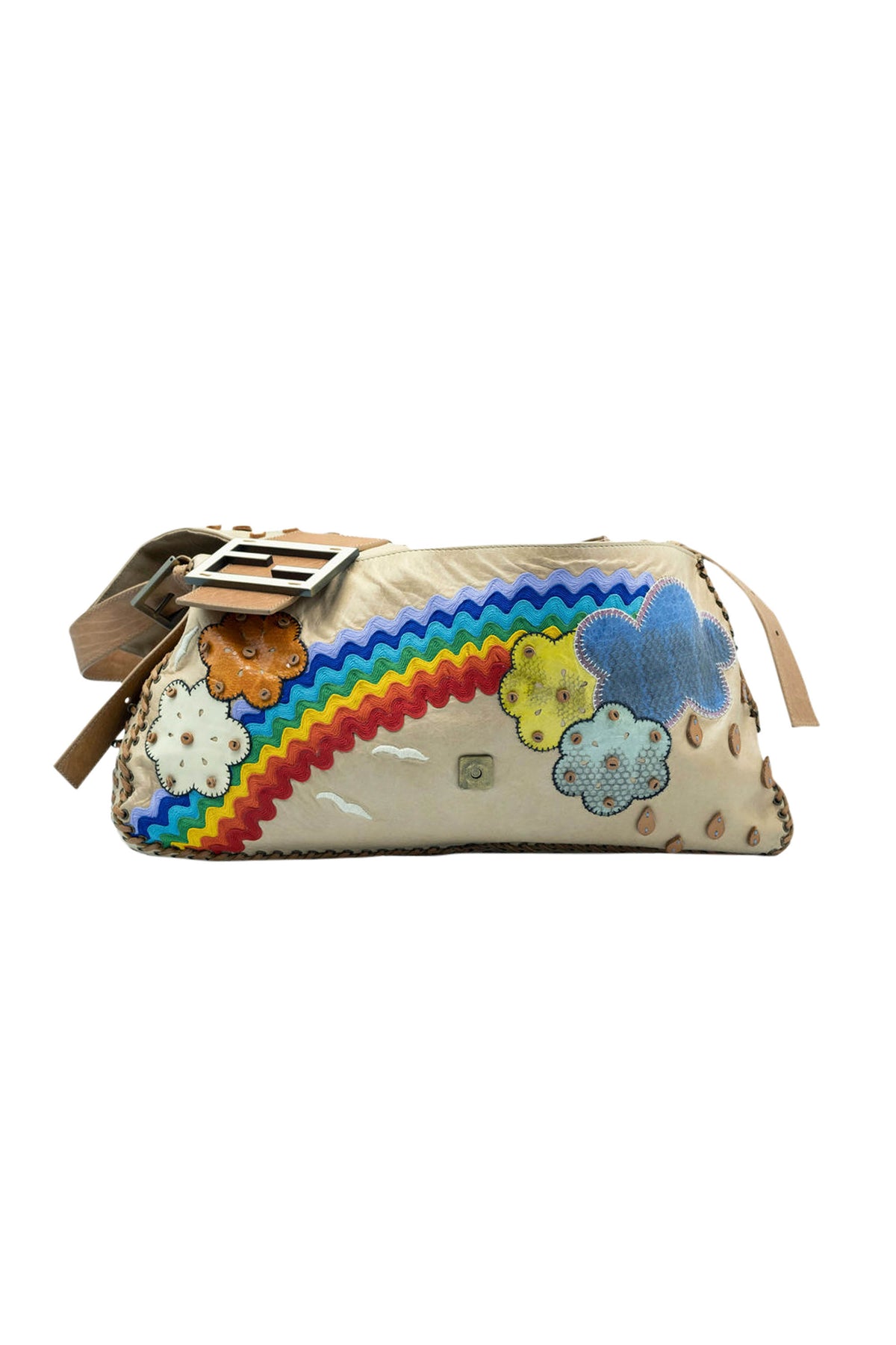 Fendi Jumbo Tan Leather Rainbow, Flower, Rain Embellished Baguette Purse