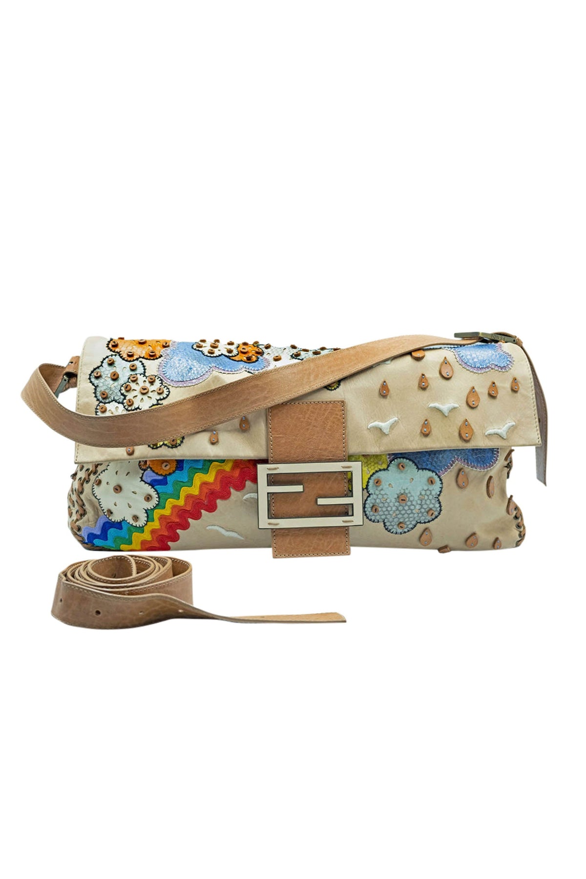 Fendi Jumbo Tan Leather Rainbow, Flower, Rain Embellished Baguette Purse